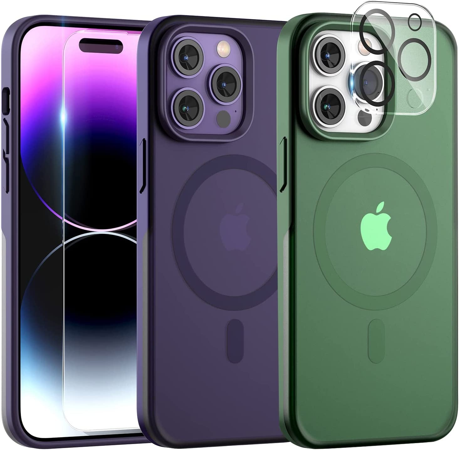 TAURI [5 in 1 Magnetic for Iphone 14 Case [Compatible with Magsafe] with 2 Screen Protector +2 Camera Lens Protector, [Military Grade Drop Protection] Translucent Matte Slim Case 6.1 Inch, Black  TAURI Green iPhone 14 Pro Max 6.7" 