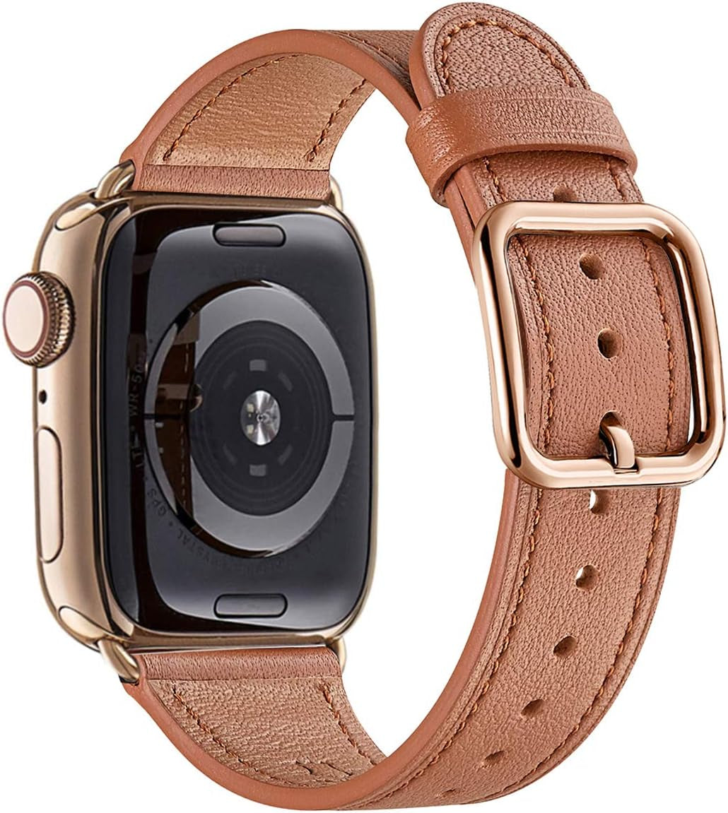 MNBVCXZ Compatible with Apple Watch Band 38Mm 40Mm 41Mm 42Mm 44Mm 45Mm 49Mm Women Men Girls Boys Genuine Leather Replacement Strap for Iwatch Series 8 7 6 5 4 3 2 1 Iwatch Ultra SE (Pink Sand/Rose Gold)  MNBVCXZ-US Brown/Gold 42mm 44mm 45mm 49mm 