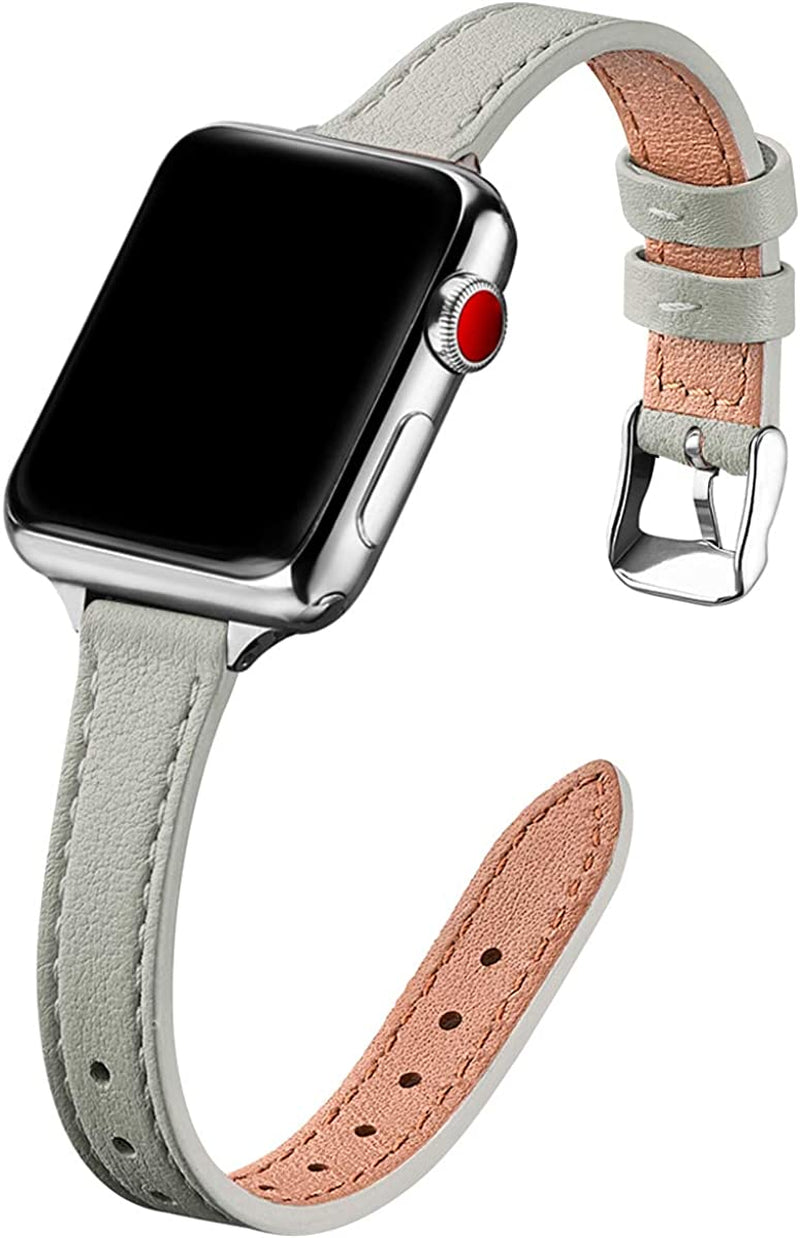 STIROLL Slim Leather Bands Compatible with Apple Watch Band 38Mm 40Mm 41Mm 42Mm 44Mm 45Mm 49Mm, Top Grain Leather Watch Thin Wristband for Iwatch Ultra SE Series 8/7/6/5/4/3/2/1  STIROLL Gray with Silver 42mm/44mm/45mm/49mm 