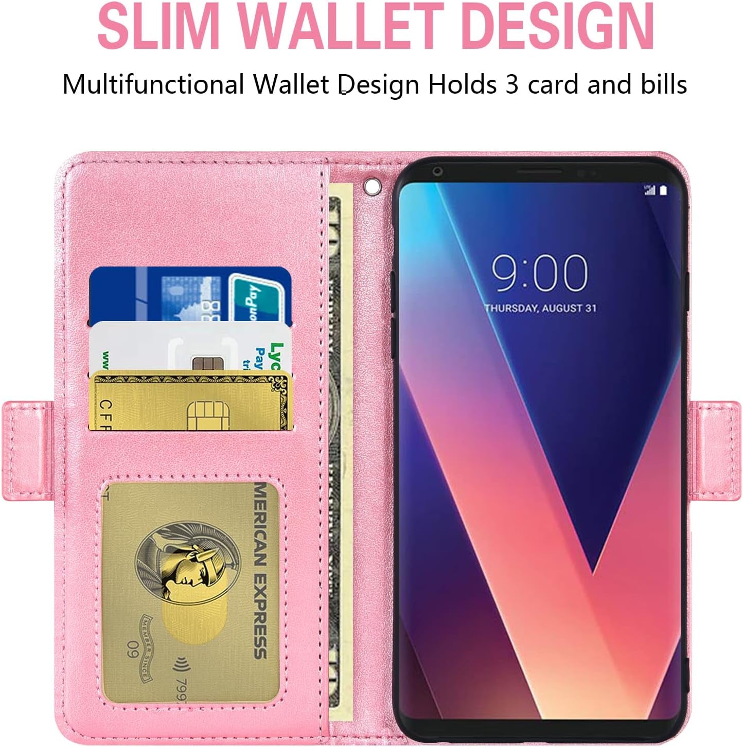 Asuwish Compatible with LG V35 Thinq V30 plus Wallet Case and Tempered Glass Screen Protector Flip Wrist Strap Card Holder Cell Phone Cover for LGV30 LGV35 LG30 LG35 V 30 35 V30+ V30S H931 Rose Gold  Asuwish   