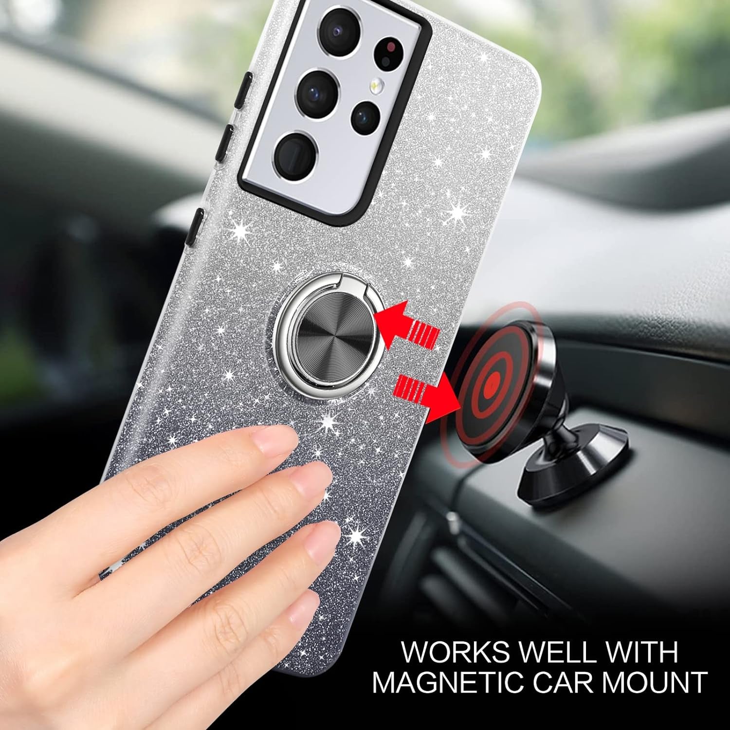 BENTOBEN Compatible with Samsung Galaxy S21 Ultra Case, Slim Fit Glitter Sparkly 360° Ring Holder Kickstand Magnetic Protective Girls Women Cover for Samsung Galaxy S21 Ultra 6.8“, Black  BENTOBEN   