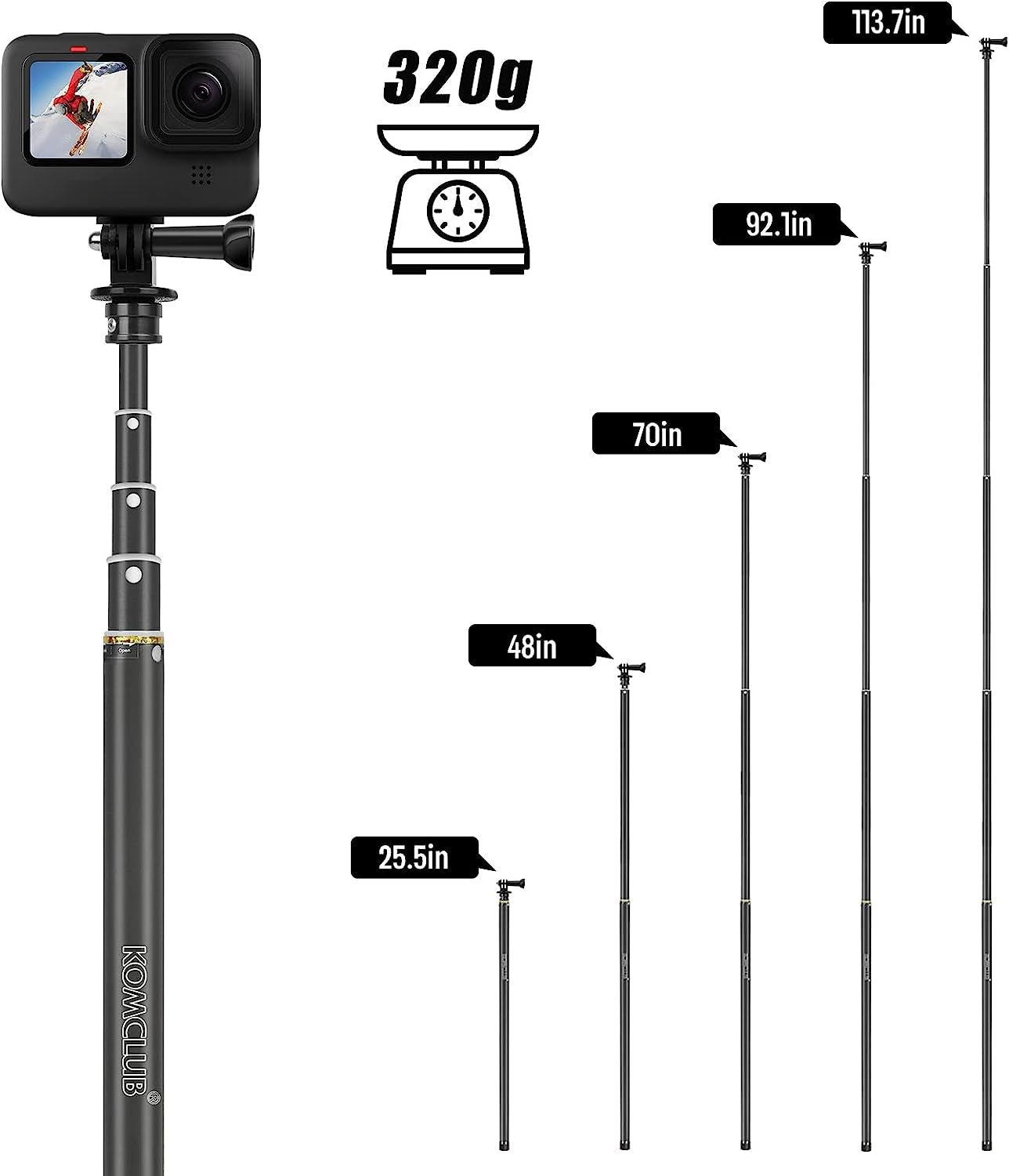 KOMCLUB Monopod Selfie Sticks for Action Camera 113.7” Extendable Carbon Fiber Super Long Selfie Sticks Compatible 5-Section Adjustable Selfie Poles with Wrist Strap for Sports Camping Traveling  KOMCLUB   