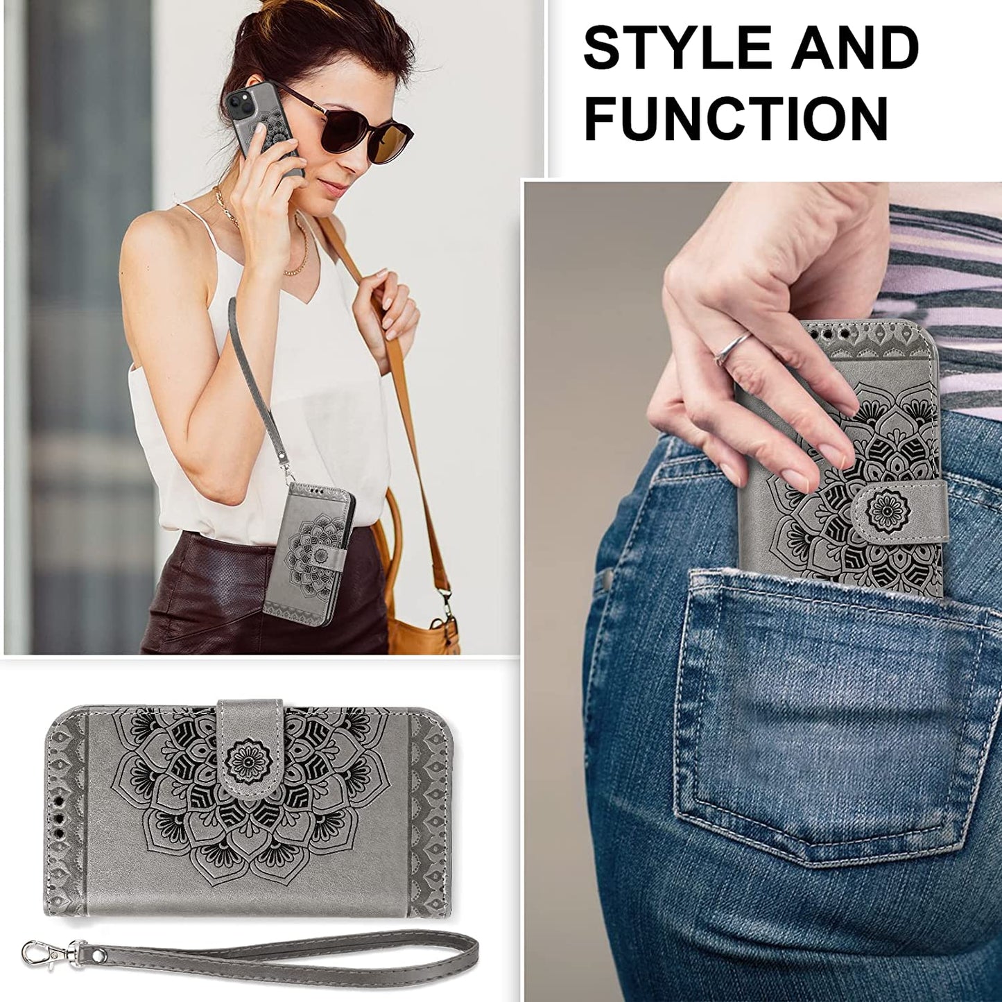 CASEOWL Compatible for Iphone 14 plus Wallet Case [Support Magsafe Charger] 2 in 1 Magnetic Detachable [RFID Blocking] Mandala Embossed Flip Leather Wallet Case with Card Holder,Strap for Women-Gray  CASEOWL   