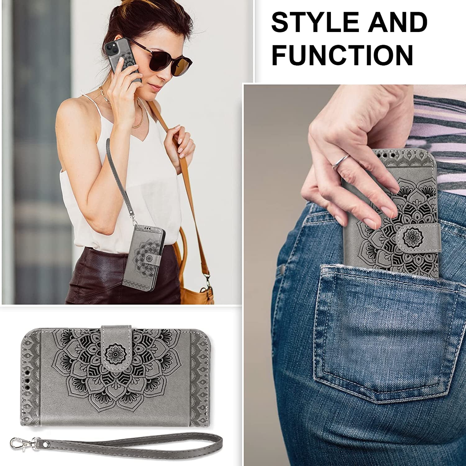 CASEOWL Compatible for Iphone 14 plus Wallet Case [Support Magsafe Charger] 2 in 1 Magnetic Detachable [RFID Blocking] Mandala Embossed Flip Leather Wallet Case with Card Holder,Strap for Women-Gray  CASEOWL   