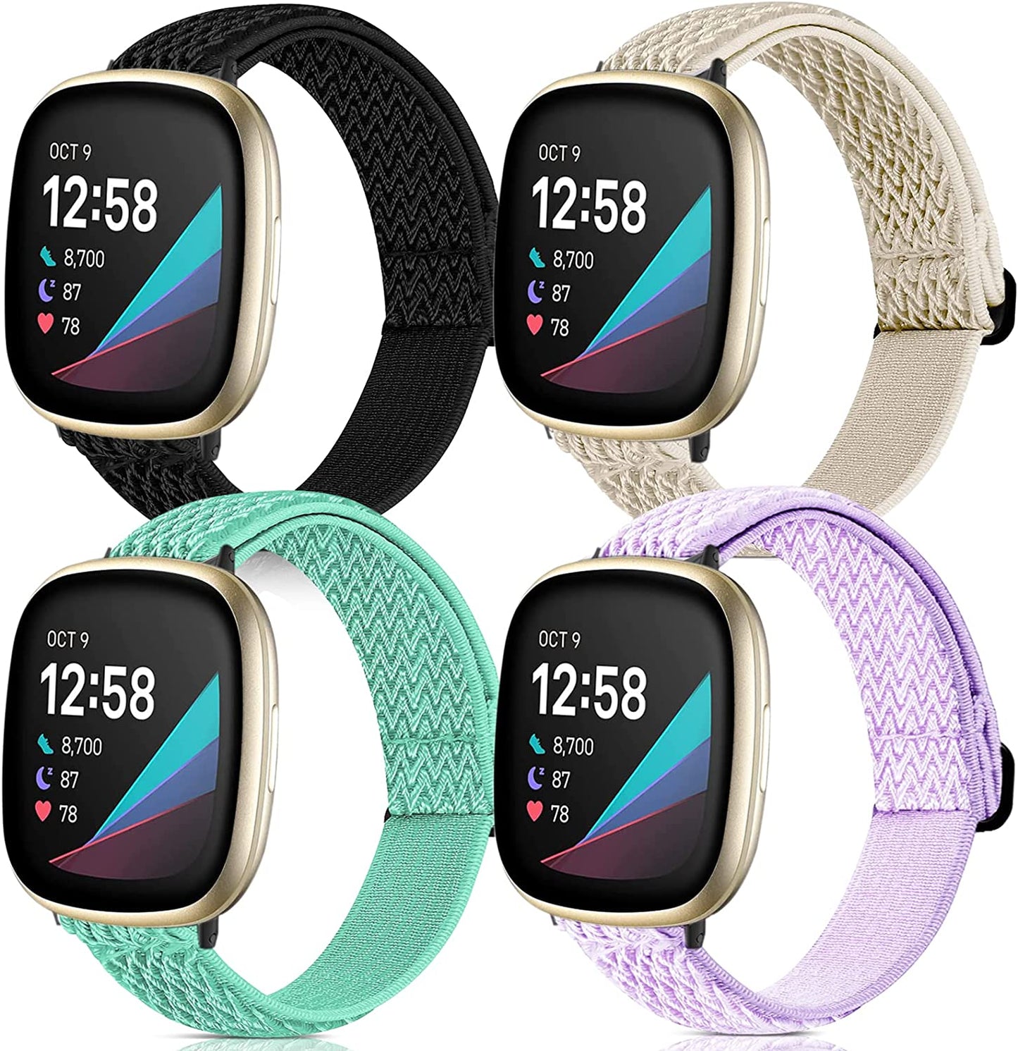 4 Pack Stretchy Bands Compatible with Fitbit Versa 3/Fitbit Versa 4/Fitbit Sense 2/Fitbit Sense Bands Women Men, Adjustable Elastic Breathable Loop Nylon Replacement Straps for Fitbit Sense & Versa 3  POHNUI Purple & Beige & Black & Llight Green  