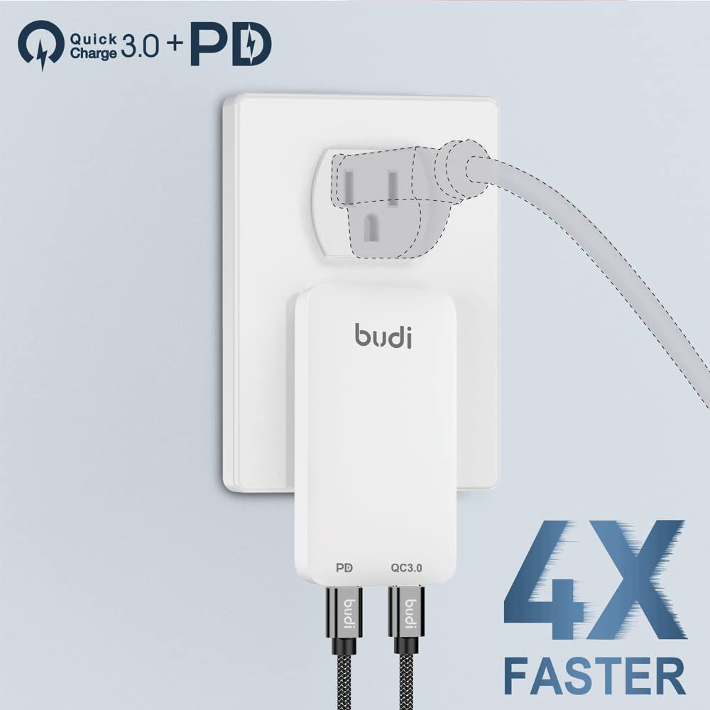 BUDI USB C Wall Charger, Slim Quick Plug, 20W Fast Charging Flat Dual Port USB Wall Plug, C Type Flat Wall Charger for Iphone 13/12 Iphone 11 Pro/Max and Samsung Galaxy Models (Dual USB-C USB-A)  BUDI   