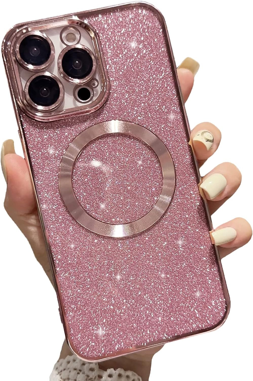 Aowner Magnetic Case for Iphone 14 Pro Glitter Case, Luxury Plating Cute Bling with Camera Lens Protector, Compatible with Magsafe, Slim Thin for Women Girls Protective Clear Phone Case, Black  aowner Pink  