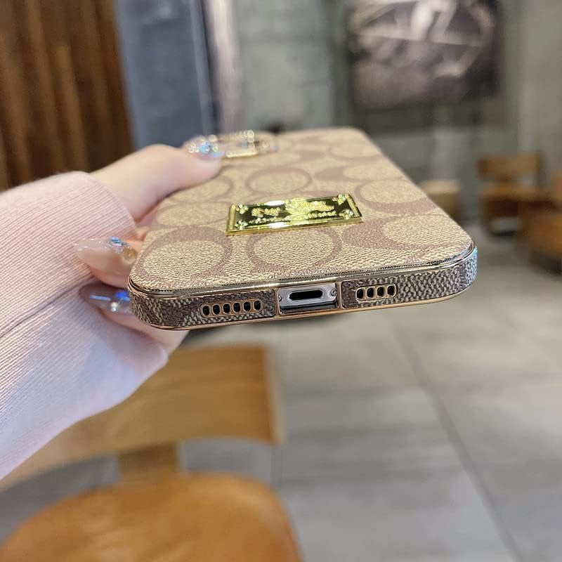 Designer Iphone 14 plus Case for Women Luxury 6.7 Inch, Leather Back Edge with Plate Gold Rim Classic Pattern Bling Glitter Nameplate Camera Protection Cover, Non Slip Shockproof Protective, Khaki  JIUDUIDODO   