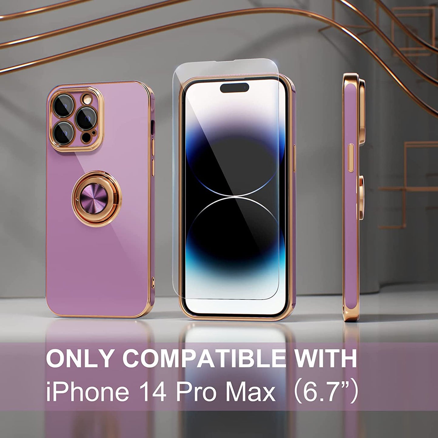 Choiche for Iphone 14 Pro Max Case with 360° Rotatable Ring Stand, Women Luxury Bling Plating Soft Silicone Case, [3 X Camera Lens Protectors] [2 X Tempered Glass Screen Protectors] (Lavender)  Choiche   