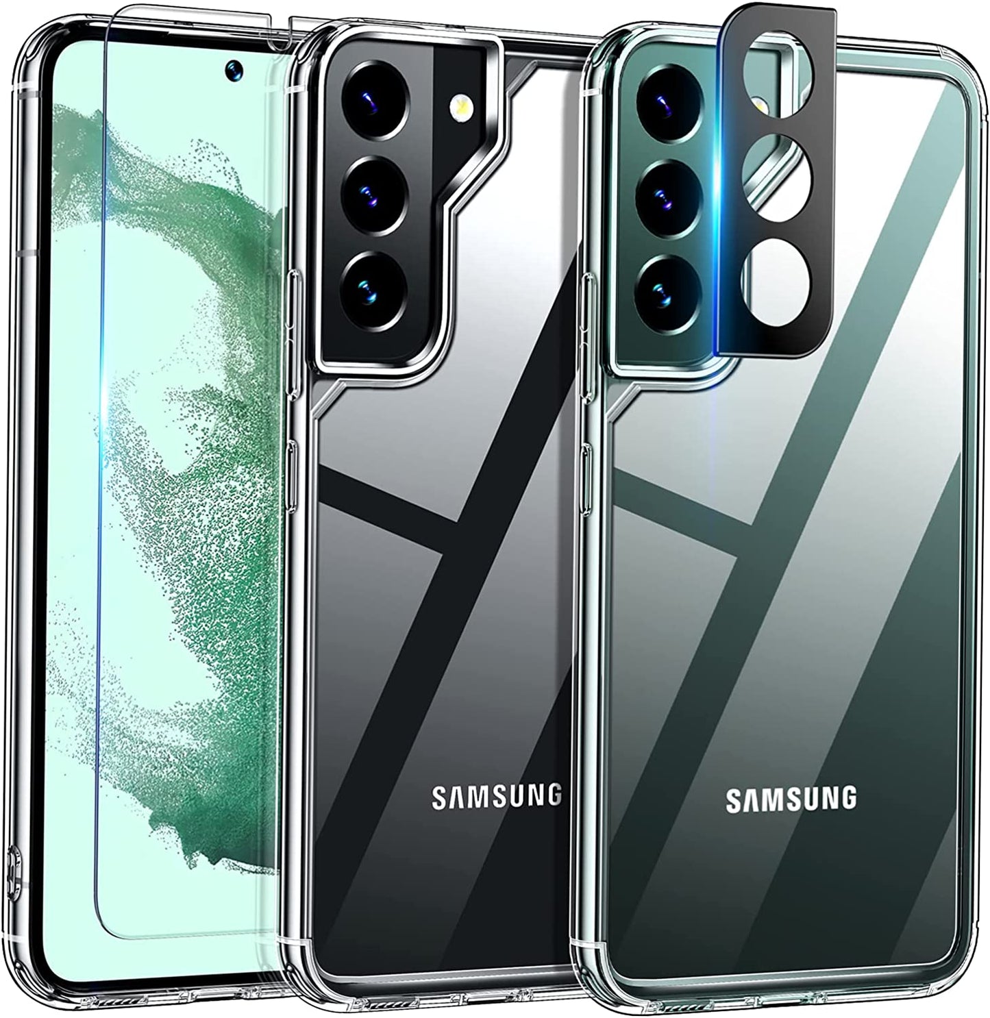 TAURI 5-In-1 Shockproof Galaxy S22 plus Case 6.6" 5G: 2-Pack Tempered Glass + 2 Camera Lens Protectors, Military Grade Slim Cover - Black  TAURI Crystal Clear S22-6.1 Inch 