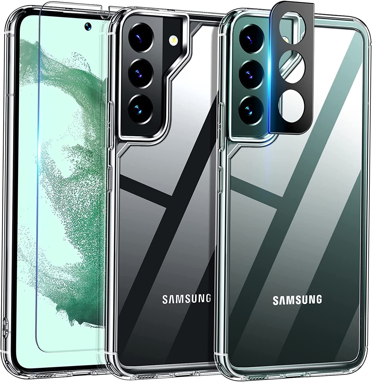 TAURI 5-In-1 Shockproof Galaxy S22 plus Case 6.6" 5G: 2-Pack Tempered Glass + 2 Camera Lens Protectors, Military Grade Slim Cover - Black  TAURI Crystal Clear S22-6.1 Inch 