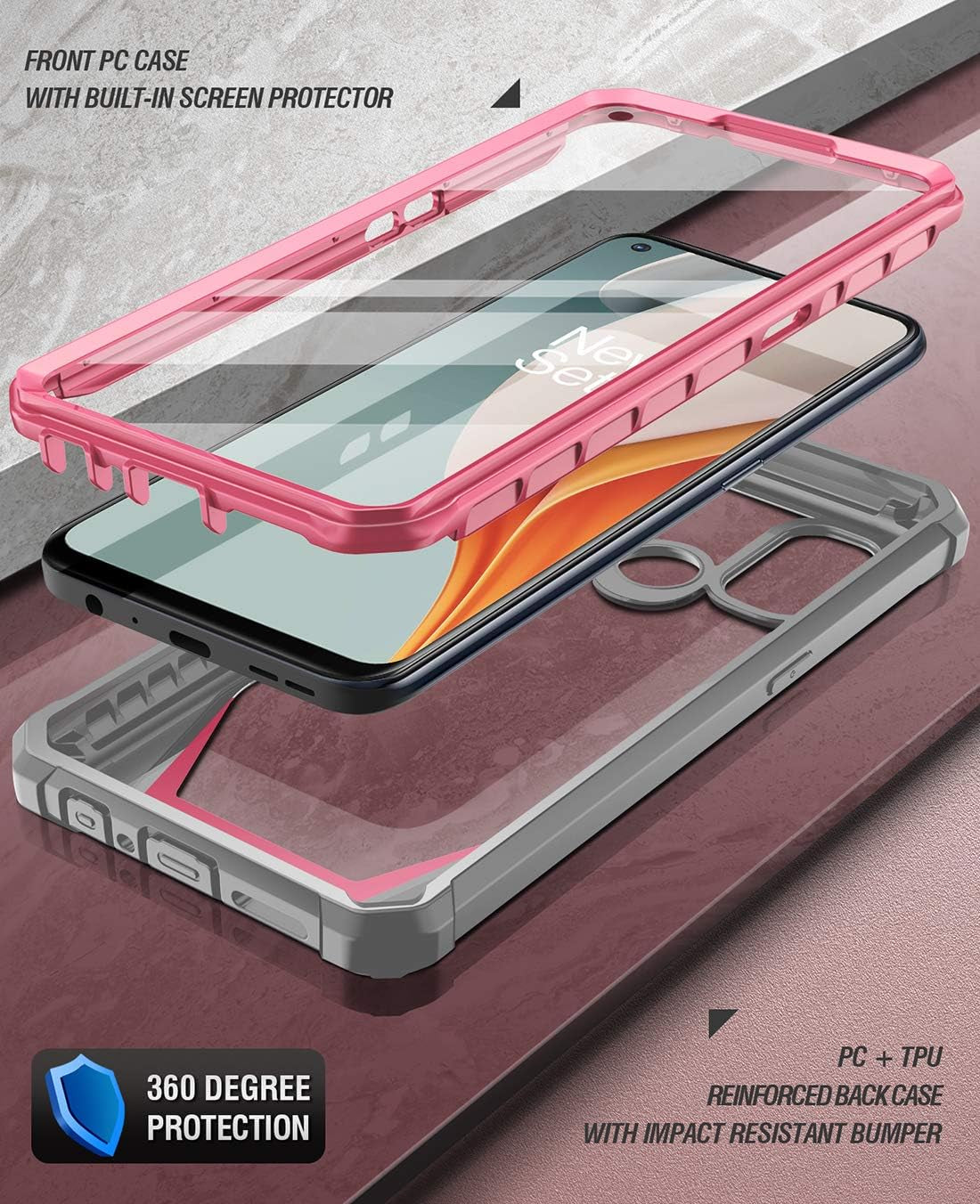 Poetic Guardian Series Case Designed for Oneplus Nord N100, Full-Body Hybrid Shockproof Bumper Cover with Built-In-Screen Protector, Pink/Clear  Poetic   