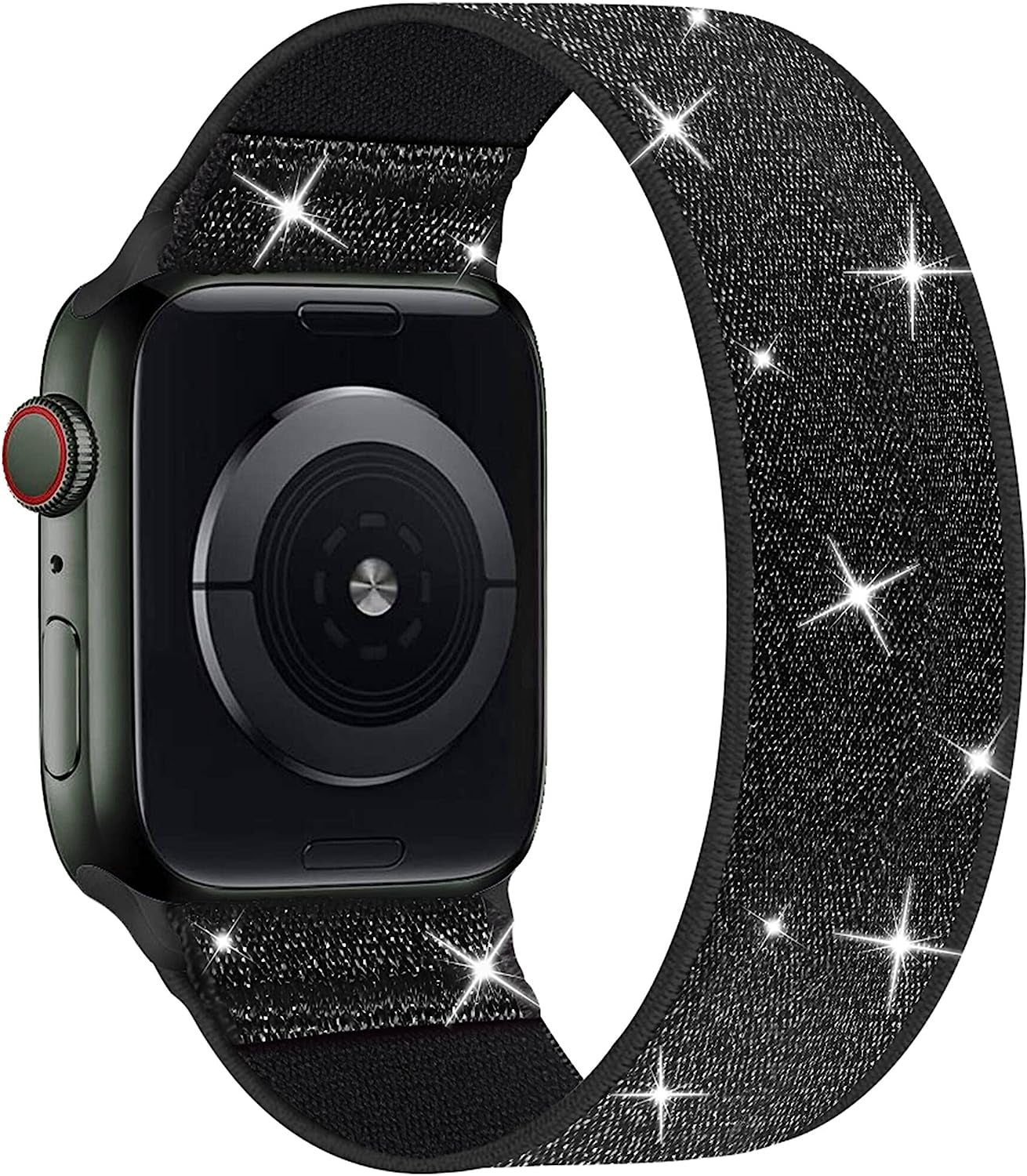ENJINER Stretchy Nylon Solo Loop Bands Compatible with Apple Watch 38Mm 40Mm 41Mm 42Mm 44Mm 45Mm 49Mm Ultra Iwatch Series 8 7 SE 6 5 4 3 2 1 Strap, Sport Elastic Braided Women Men No Buckles Clasps Replacement Wristband  ENJINER Shining Glitter Black 42/44/45/49mm XS(wrists 5.20"-5.71"/132-145mm) 