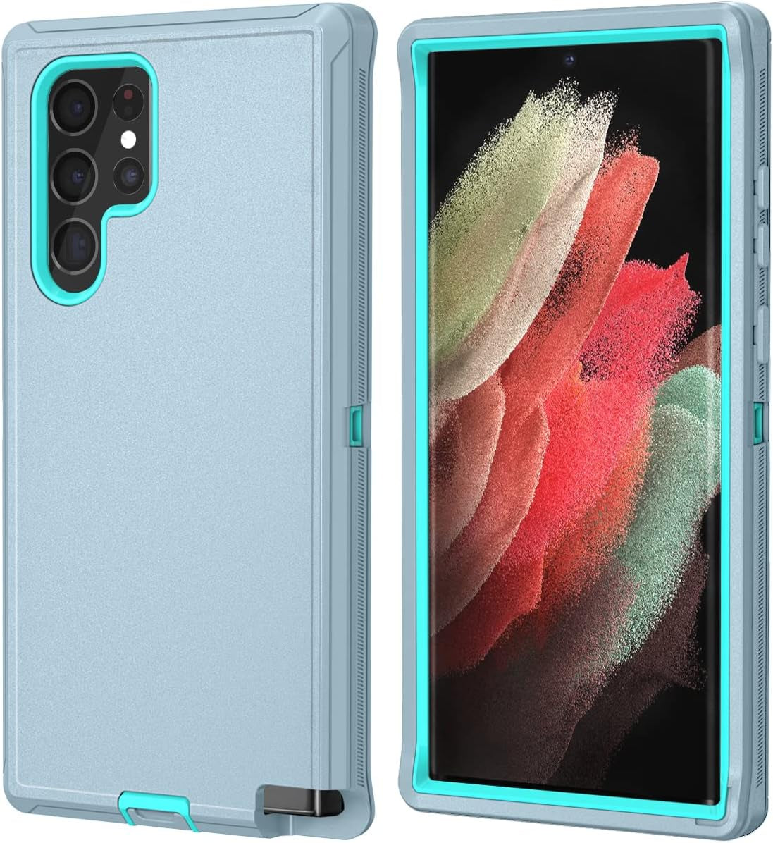 Qinmay Samsung S22 Ultra 5G Case - 3-Layer Heavy Duty Shock Protection, Dust Proof, 6.8 Inch, Grey Skyblue  Qinmay   