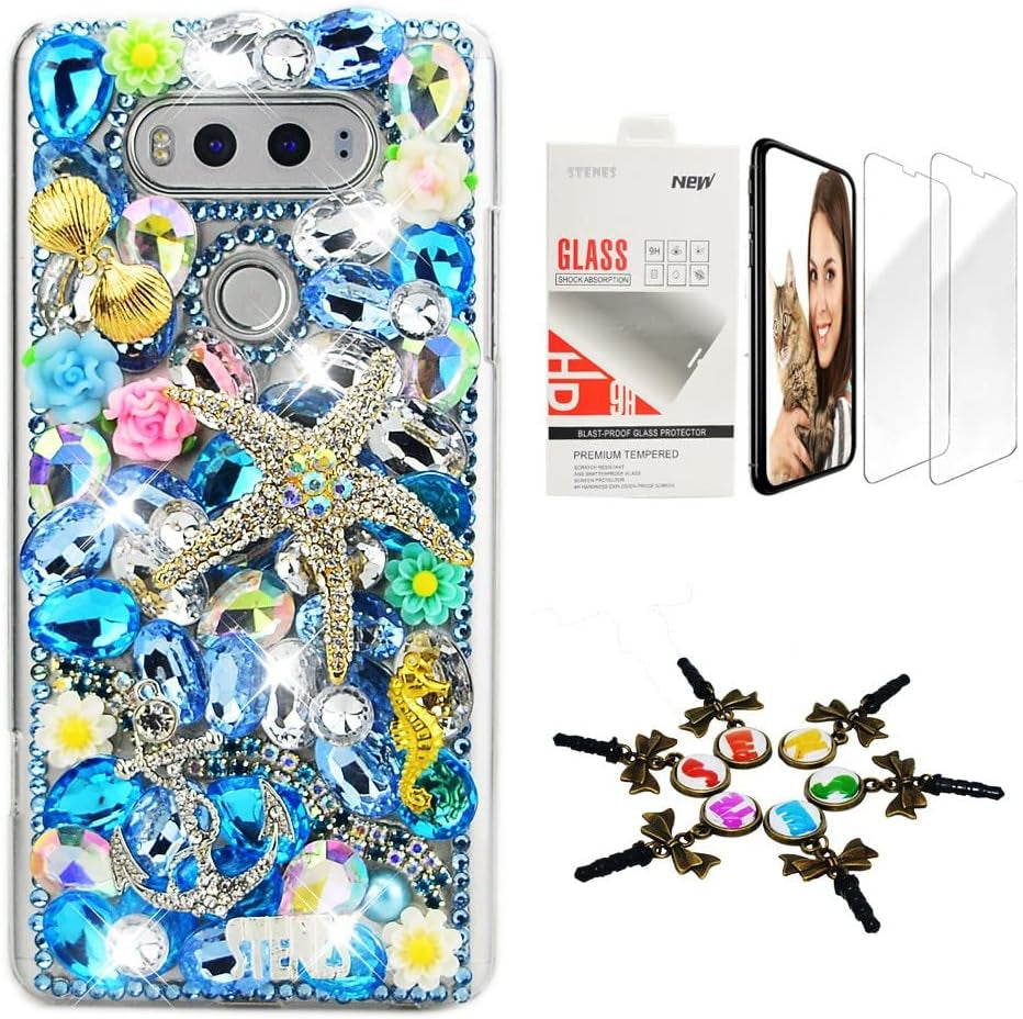 STENES Bling Case Compatible with LG G6 / LG G6 plus - Stylish - 3D Handmade [Sparkle Series] Girls Mirror Flowers Design Cover with Screen Protector [2 Pack] - Blue  STENES Starfish Shell Anchor Flowers / Navy Blue Design For Lg Stylo 6 