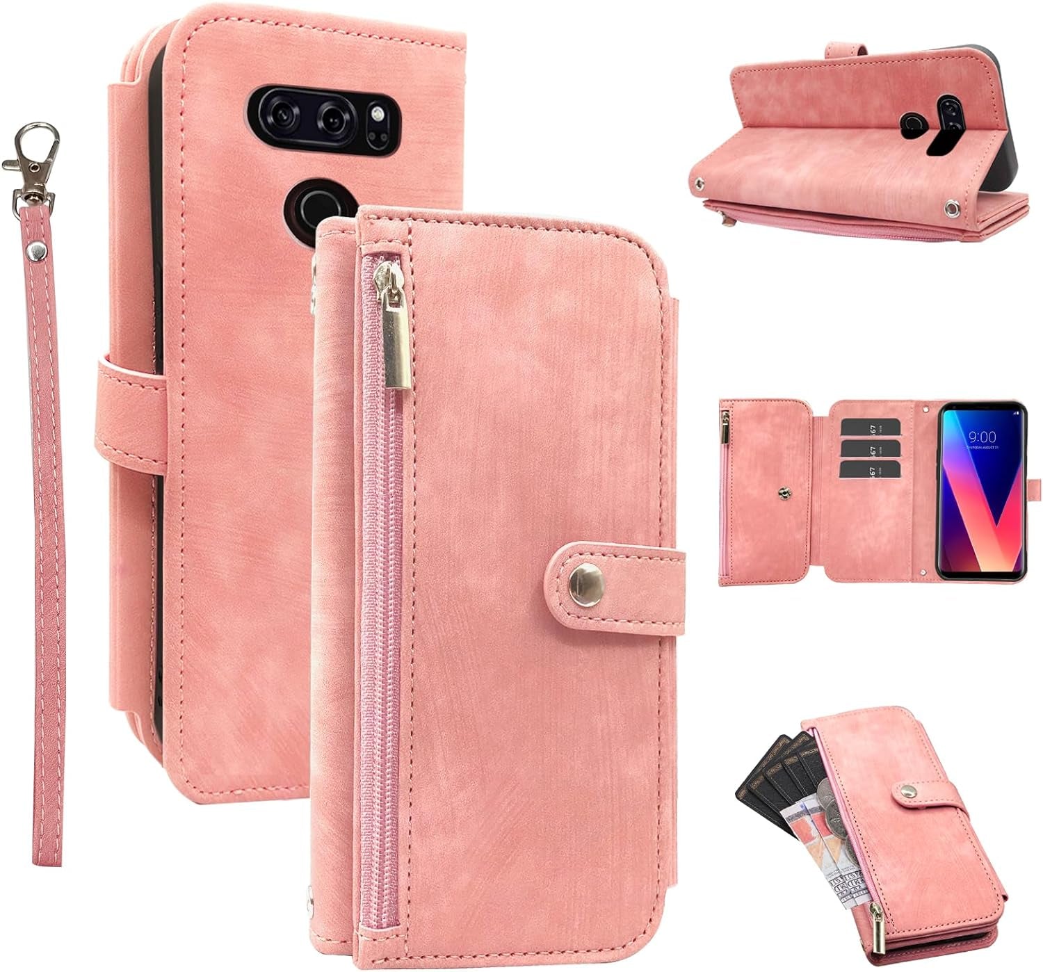 Compatible with LG V35 Thinq V30 plus Wallet Case Flip Credit Card Holder Cell Phone Cover for Folio Purse Lanyard Wrist Strap Rugged Slot Mobile LGV30 LGV35 LG30 LG35 V 30 35 V30+ V30S H931 Purple  Furiet Pink  