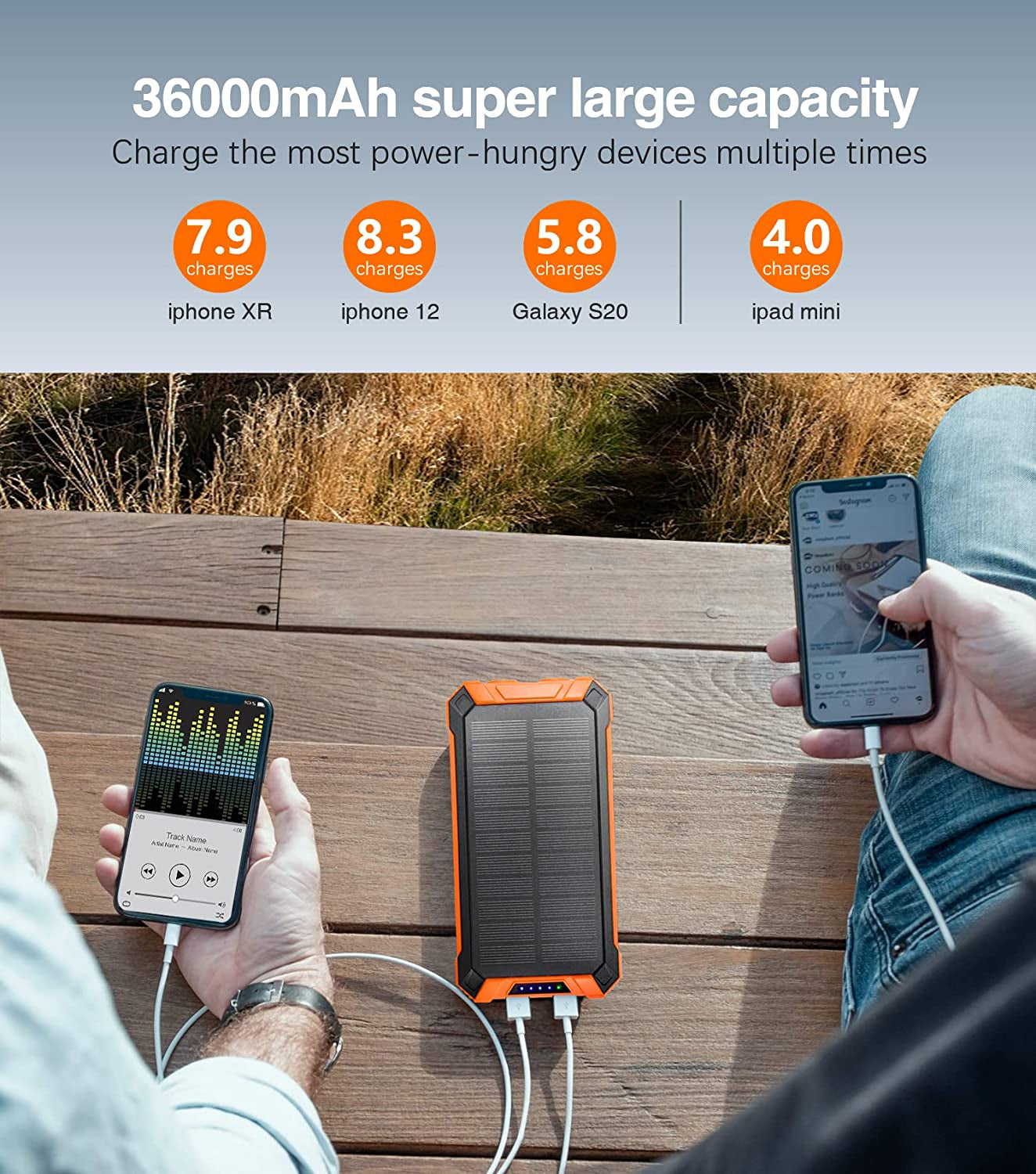Goodaaa Power Bank Wireless Charger 36000Mah Built in 4 Cables Six Outputs 15W Fast Charging Power Bank for All Mobile Devices Three Inputs Solar Portable Charger with Dual Flashlights, Carabiner  GOODaaa   