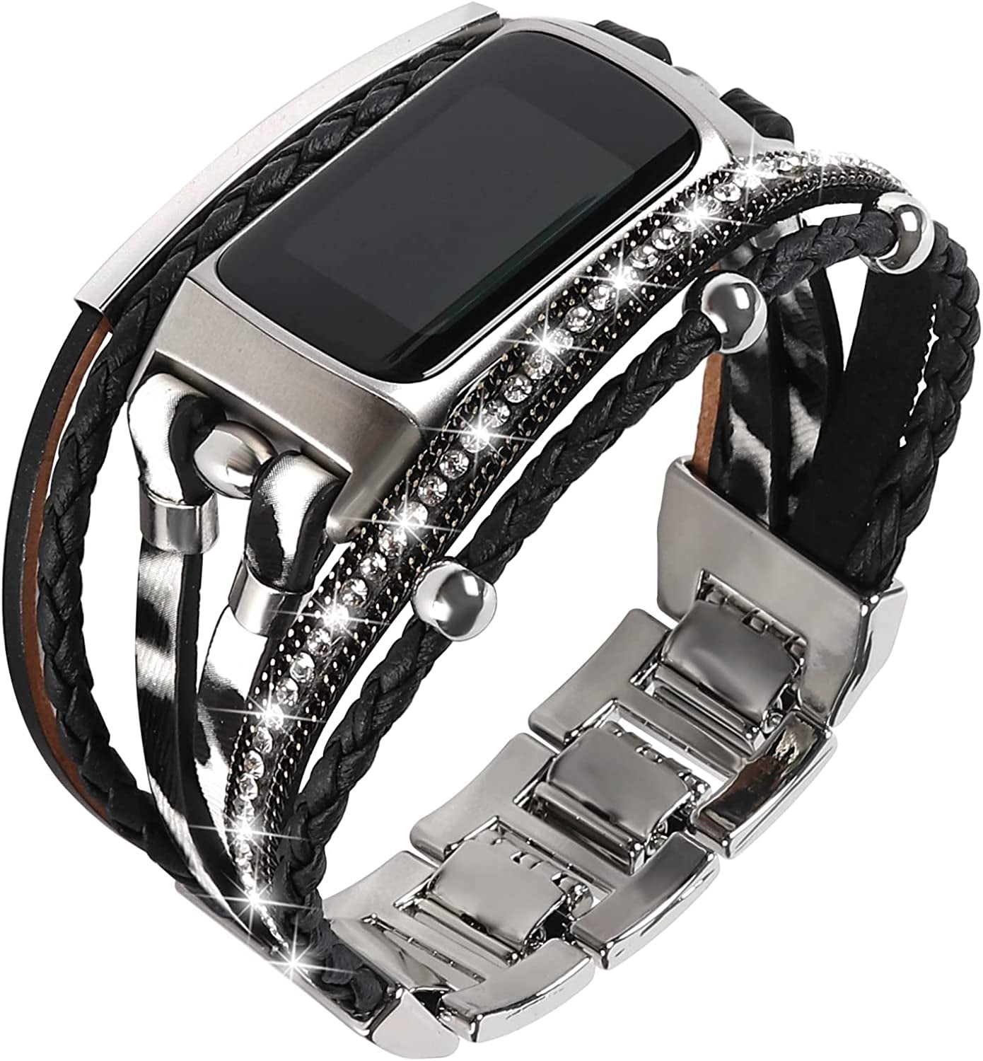 YOSWAN Leather Bands Compatible with Fitbit Charge 5 Bands for Women, Boho Handmade Multilayer Wrap Bracelets Jewelry Strap Wristband Replacement for Fitbit Charge 5 Fitness Tracker  YOSWAN Black White  