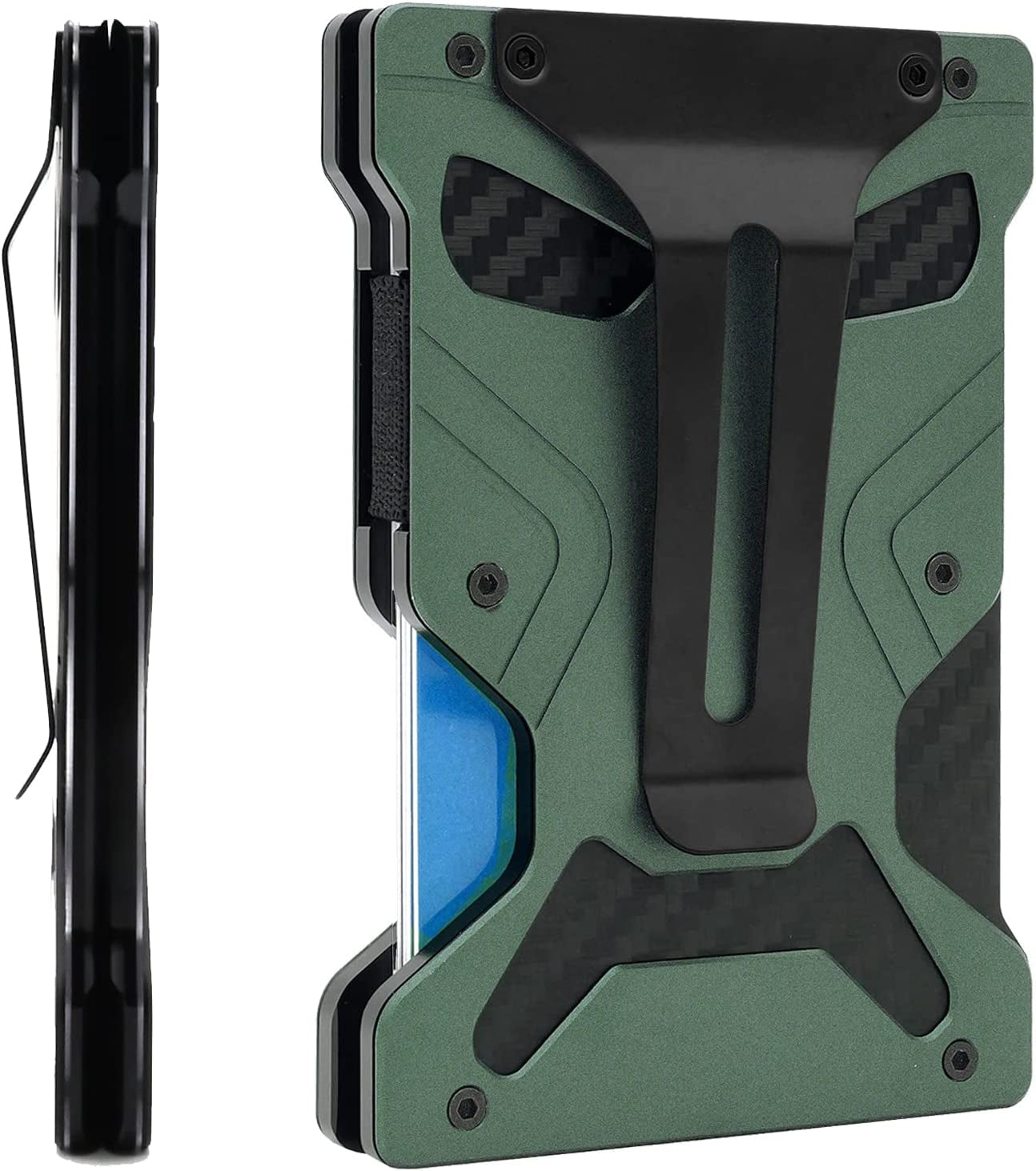 Ahtai Carbon Fiber Wallet for Men - Minimalist Wallet with Cash Strap - Slim Money Clip Metal Wallet - RFID Blocking Mens Wallet with Gift Box - Cash Credit Card Holder  AhTai Aluminum in Green  