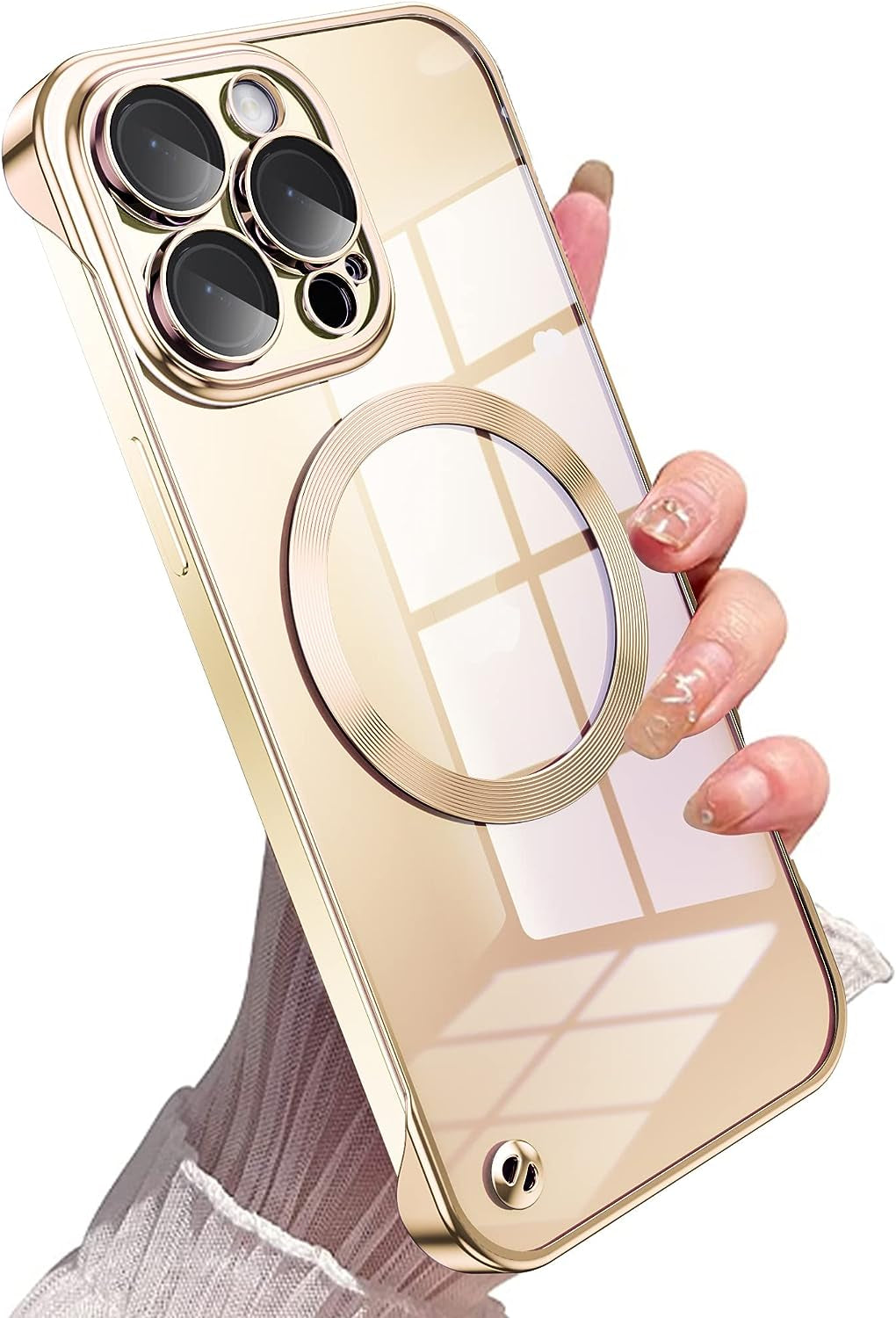 Hoerrye Magnetic Slim Fit Case for Iphone 14 Pro Max Ultra Thin Case with Full Camera Lens Protector [Compatible with Magsafe][No.1 Strong Magnetic] Frameless Phone Protective Cover,Black  Hoerrye Gold-Clear  