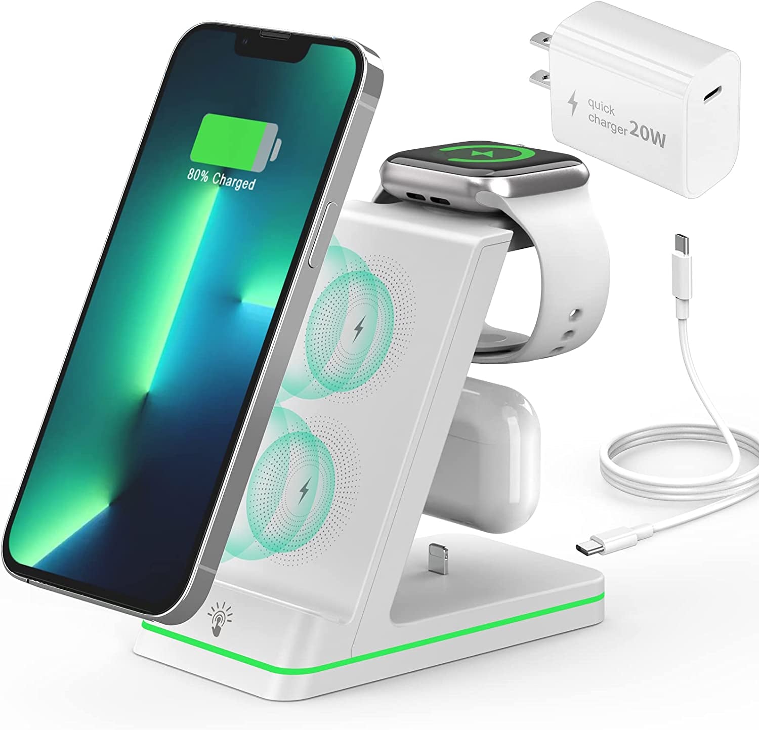 Charging Station for Apple Devices, 3 in 1 Wireless Charger Stand with 20W USB C Adapter Compatible with Iphone 14 13 12 11 Pro Max 8 XS XR, Fast Charging Stand Dock for Apple Watch Series & Airpods  HUIZHOU OJD TECHNOLOGY CO.,LTD White AirPods with Pin 