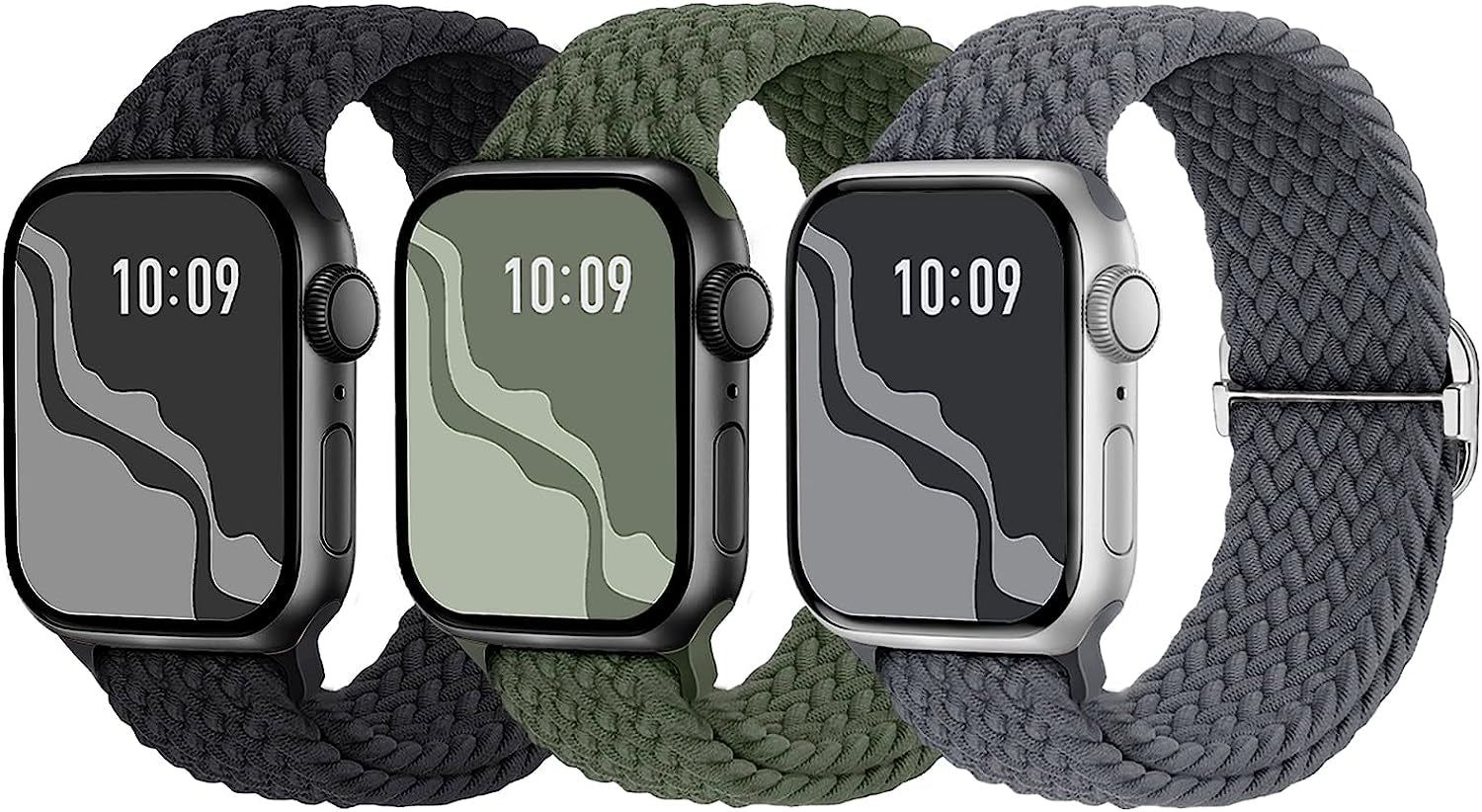 Braided Solo Loop Compatible with Apple Watch Band 38Mm 40Mm 41Mm 42Mm 44Mm 45Mm 49Mm for Women Men, Nylon Elastic Straps Wristbands for Iwatch Series Ultra SE 8 7 6 5 4 3 2 1  Suitisbest Black/DarkGrey/Green 42/44/45mm 