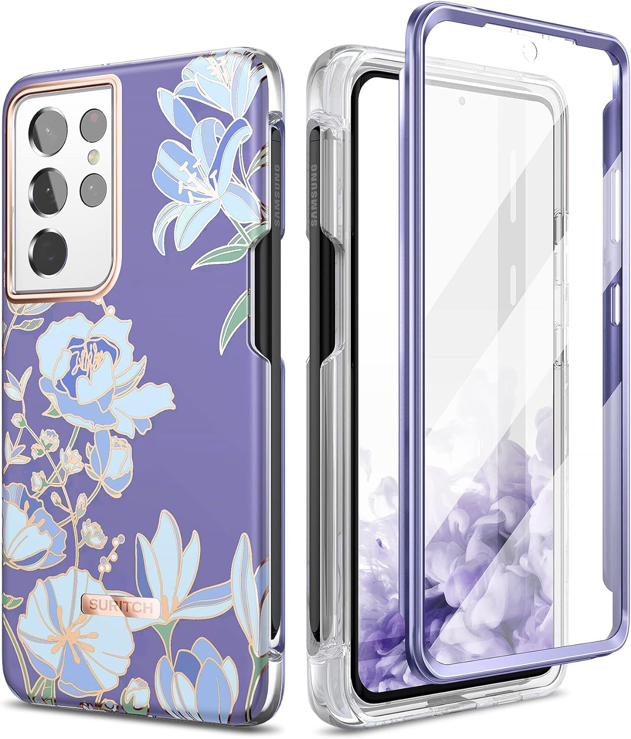 SURITCH Phone Case for Samsung Galaxy S21 Ultra with S-Pen Holder Front Cover Built-In Screen Protector Upgraded Dual-Layer Full Body Protection Anti-Scratch Shockproof for Woman Man, Purple Marble  SURITCH Blue Lily  