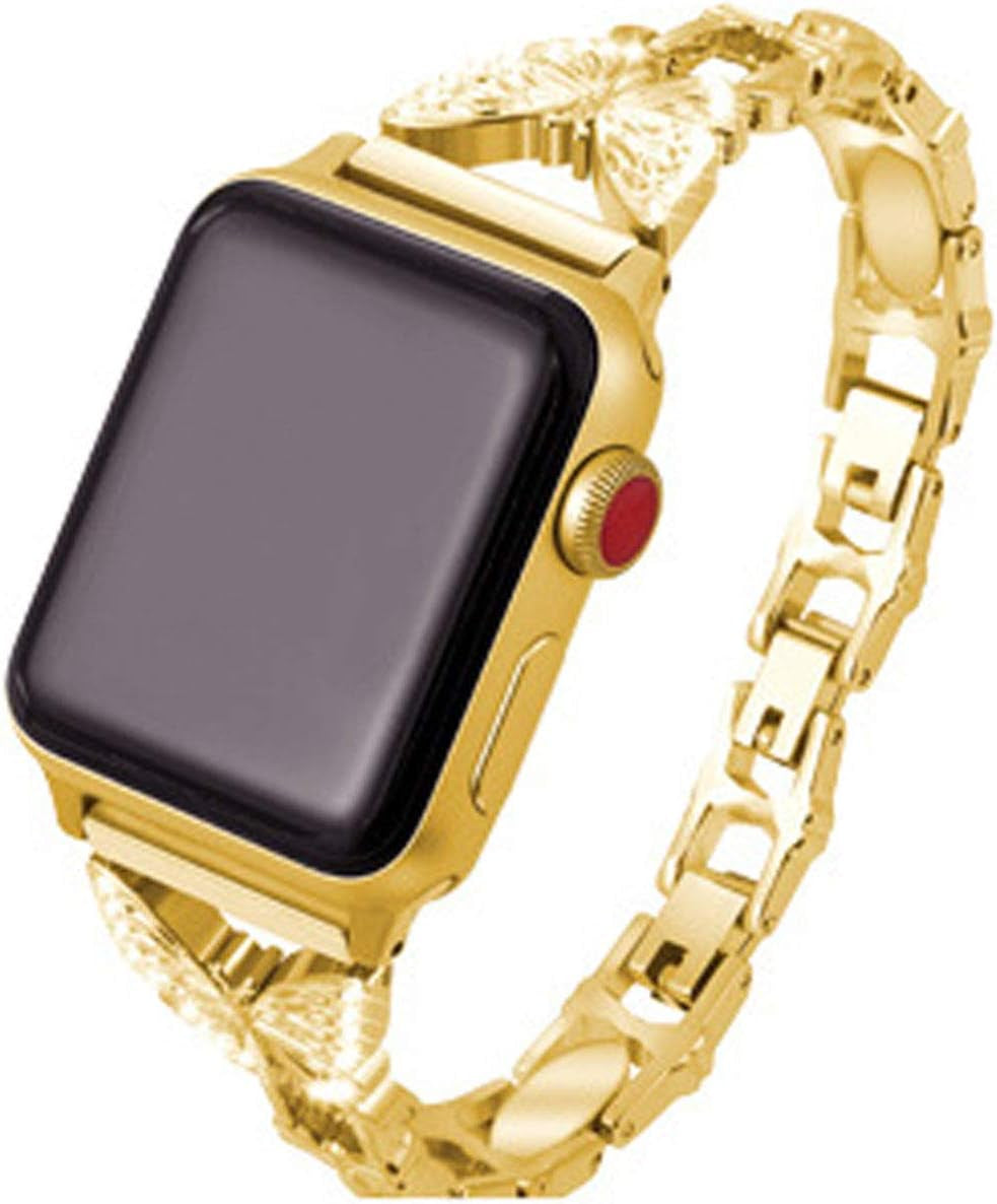 Elegent Stylish Bands Compatible with Apple Watch 42Mm 44Mm 45Mm Chic Butterfly Diamond Rhinestone Stainless Steel Metal Wristband Strap for Iwatch SE & Series 7/ 6/5/4/3/2/1 (Dream Blue)  Hi-Yoohere Gold 38mm/40mm/41mm 