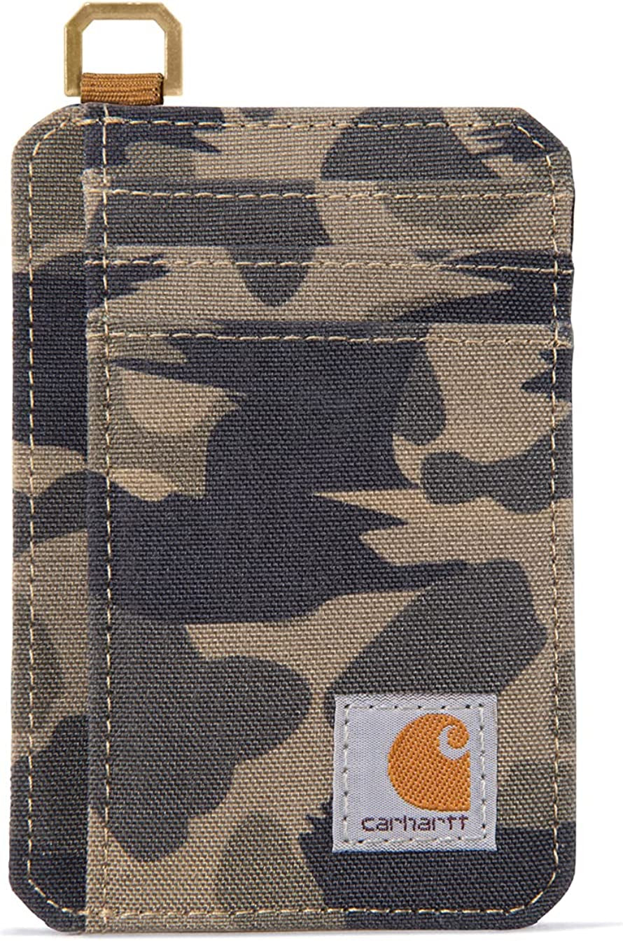 Carhartt Front Pocket Wallets, Durable Canvas or Leather Wallet with & without Money Clip  Carhartt Nylon Duck (Blind Duck Camo)  