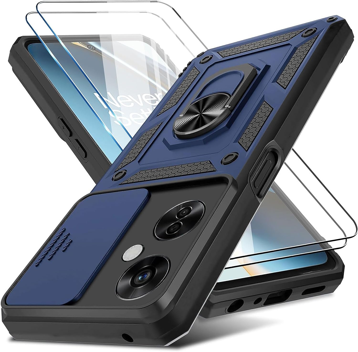 Jusy Case for Oneplus Nord N30 5G with 2 HD Screen Protector, Slide Camera Cover, Kickstand Ring, Magnetic Rugged Durable Drop Protection Phone Cover for 1+ Nord N30 5G (Black)  Jusy Navy Oneplus Nord N30 5G 