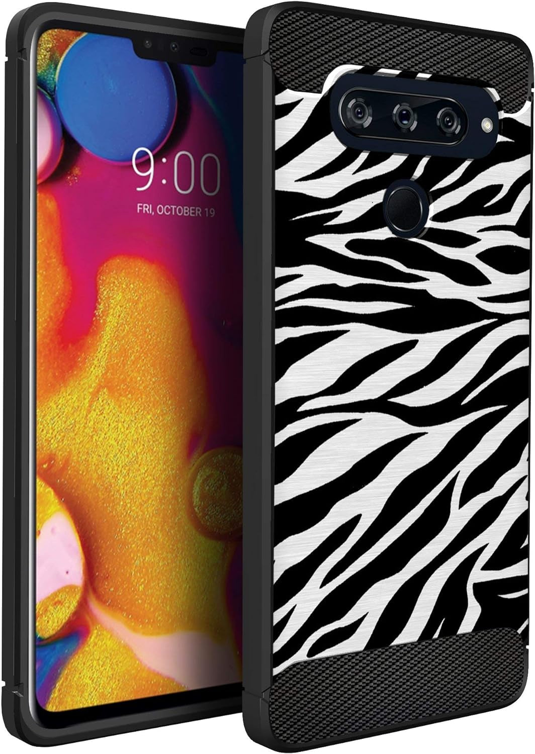 Casesondeck Fitted Case Compatible with [LG V40 Thinq] Carbon Fiber Accents Bump and Drop Protecting Flexible TPU (Blue Digital Camo)  CasesonDeck Zebra Stripes  