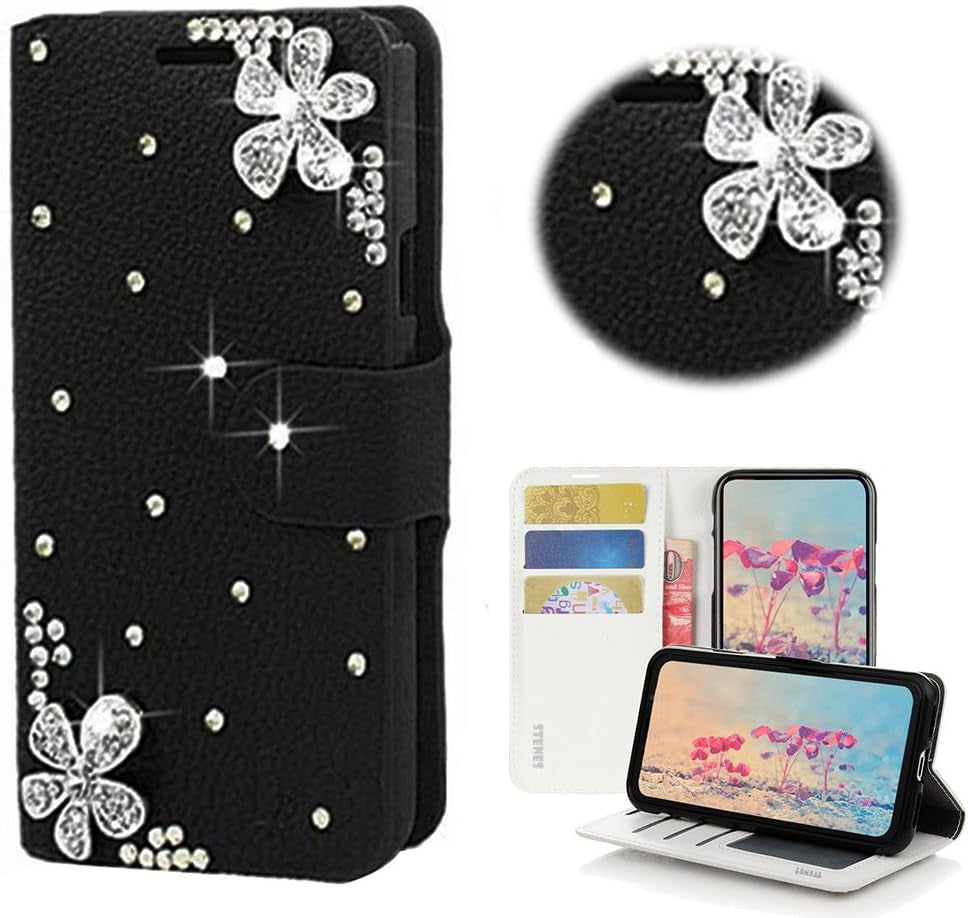 STENES LG G6 Case, LG G6 plus Case - STYLISH - 3D Handmade Bling Crystal Fairy Design Wallet Credit Card Slots Fold Stand Leather Cover Case for LG G6/LG G6 plus - Black  STENES Flowers / Black  