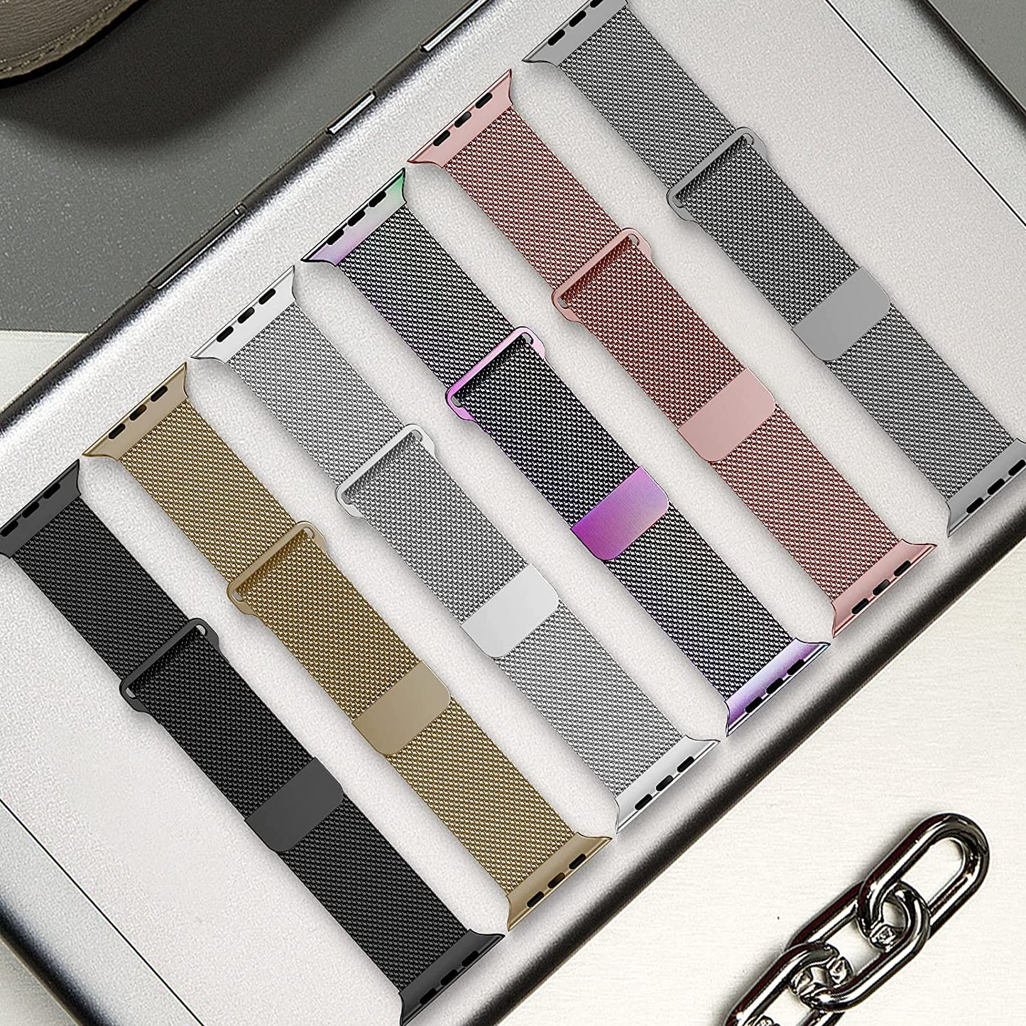 Geoumy Magnetic Band Compatible with Apple Watch 38Mm 40Mm 41Mm 42Mm 44Mm 45Mm 49Mm, Stainless Steel Mesh Milanese Strap, Metal Wristband for Iwatch SE Series 8 7 6 5 4 3 2 1 for Women Men  Geoumy   