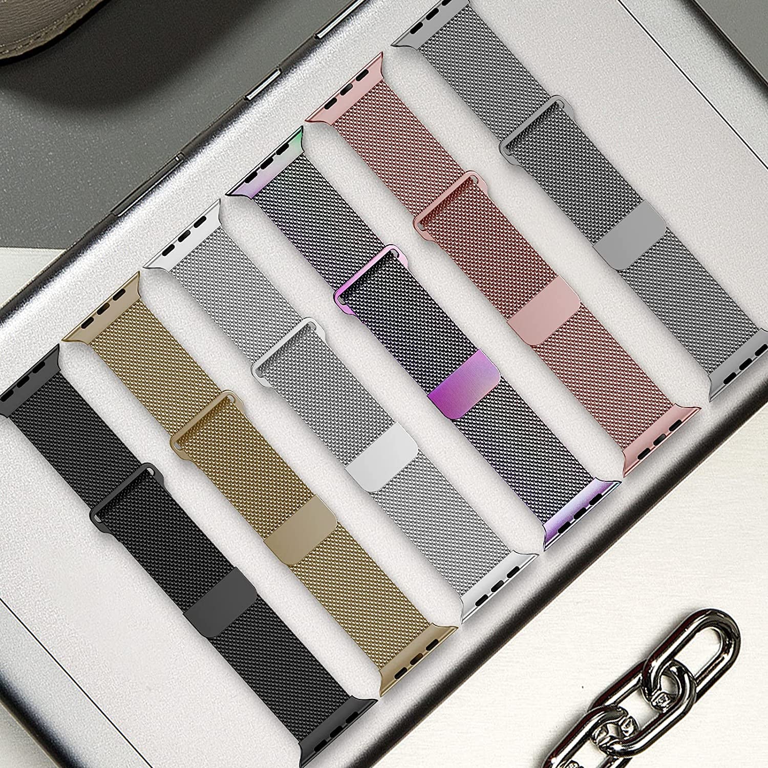 Geoumy Magnetic Band Compatible with Apple Watch 38Mm 40Mm 41Mm 42Mm 44Mm 45Mm 49Mm, Stainless Steel Mesh Milanese Strap, Metal Wristband for Iwatch SE Series 8 7 6 5 4 3 2 1 for Women Men  Geoumy   