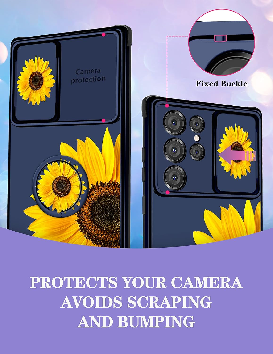 Goocrux (2In1 for Samsung Galaxy S22 Ultra Case Sunflower Floral for Women Girls Girly Phone Cover Cute Flowers Design with Slide Camera Cover+Ring Holder Unique Blue Cases for Galaxy S22 Ultra 6.8''  Goocrux   