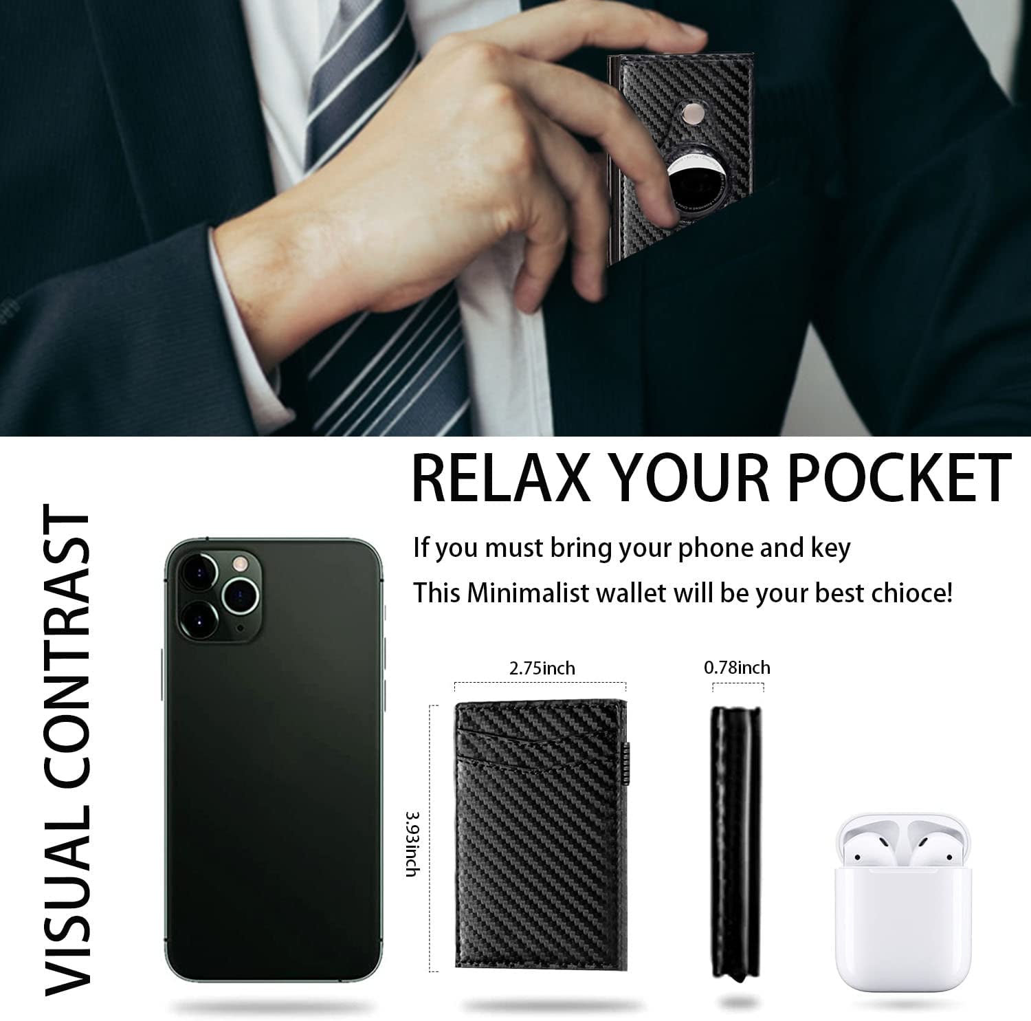 Smart Pop up Wallet with Front Pocket RFID Blocking Credit Card Holder with Id Window Money Clip Slim Minimalist Wallet for Men (Carbon Fiber Leather)  CJGMT   