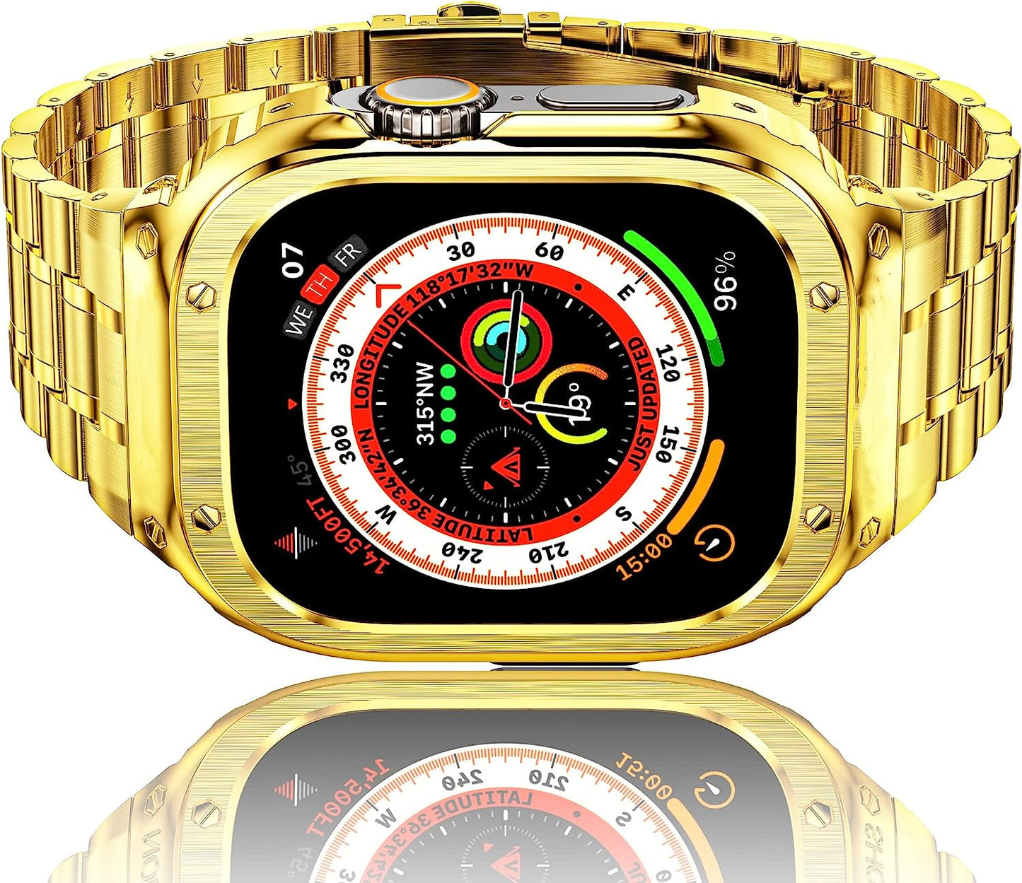 Amznew Apple Watch Band with Case Compatible for Iwatch Series Ultra(49Mm) 8/7(45Mm/41Mm) 6/5/4/Se(44Mm/40Mm) 3/2/1(42Mm/38Mm), Stainless Steel Iwatch Bands and Metal Bumper Cover for Men  Amznew Gold(ultra) 49mm( Ultra) 