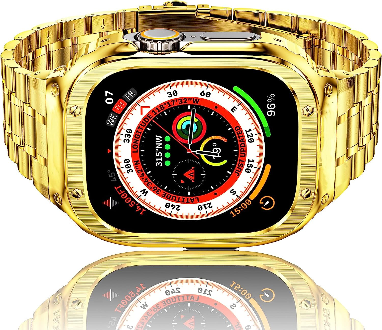 Amznew Apple Watch Band with Case Compatible for Iwatch Series Ultra(49Mm) 8/7(45Mm/41Mm) 6/5/4/Se(44Mm/40Mm) 3/2/1(42Mm/38Mm), Stainless Steel Iwatch Bands and Metal Bumper Cover for Men  Amznew Gold(ultra) 49mm( Ultra) 