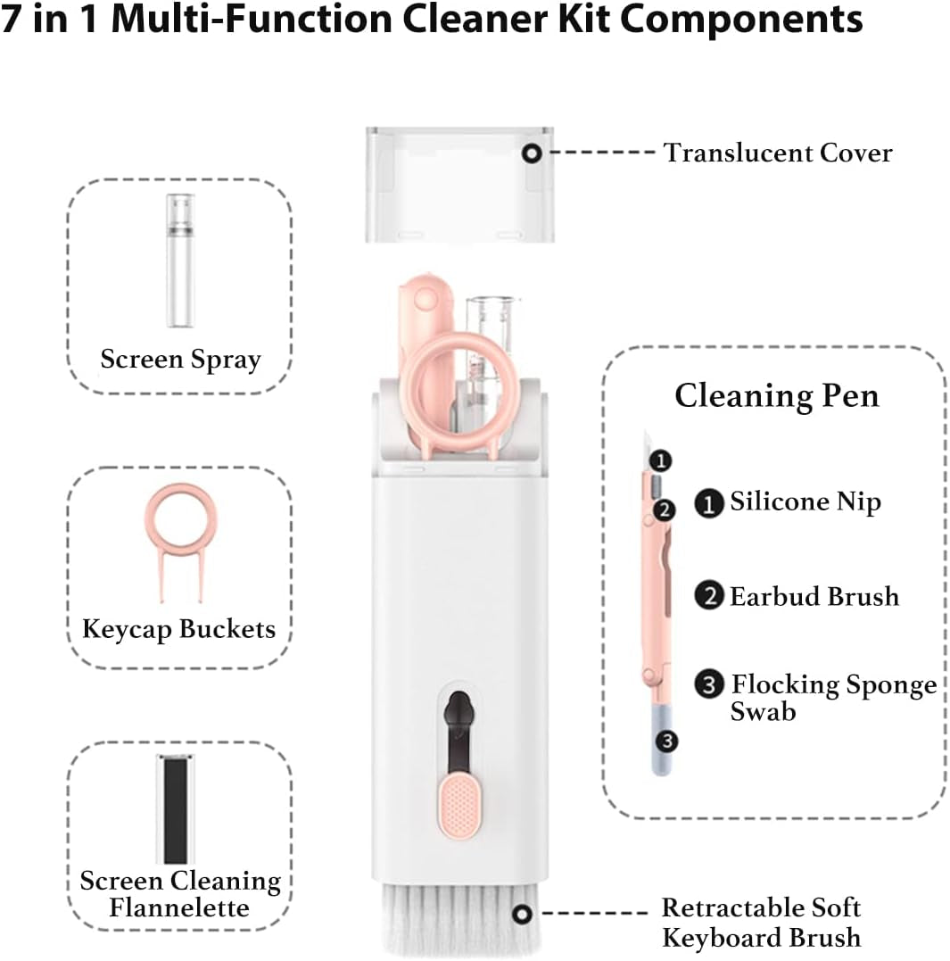7 in 1 Electronic Cleaner Kit, Multifunction Keyboard Brush, Portable Computer Cleaner Kit with 3 in 1 Airpods Cleaner Pen, Keyboard Brush, Keycap Buckle, Spray Bottle and Screen Cleaning Flannelette  Shapelocker   