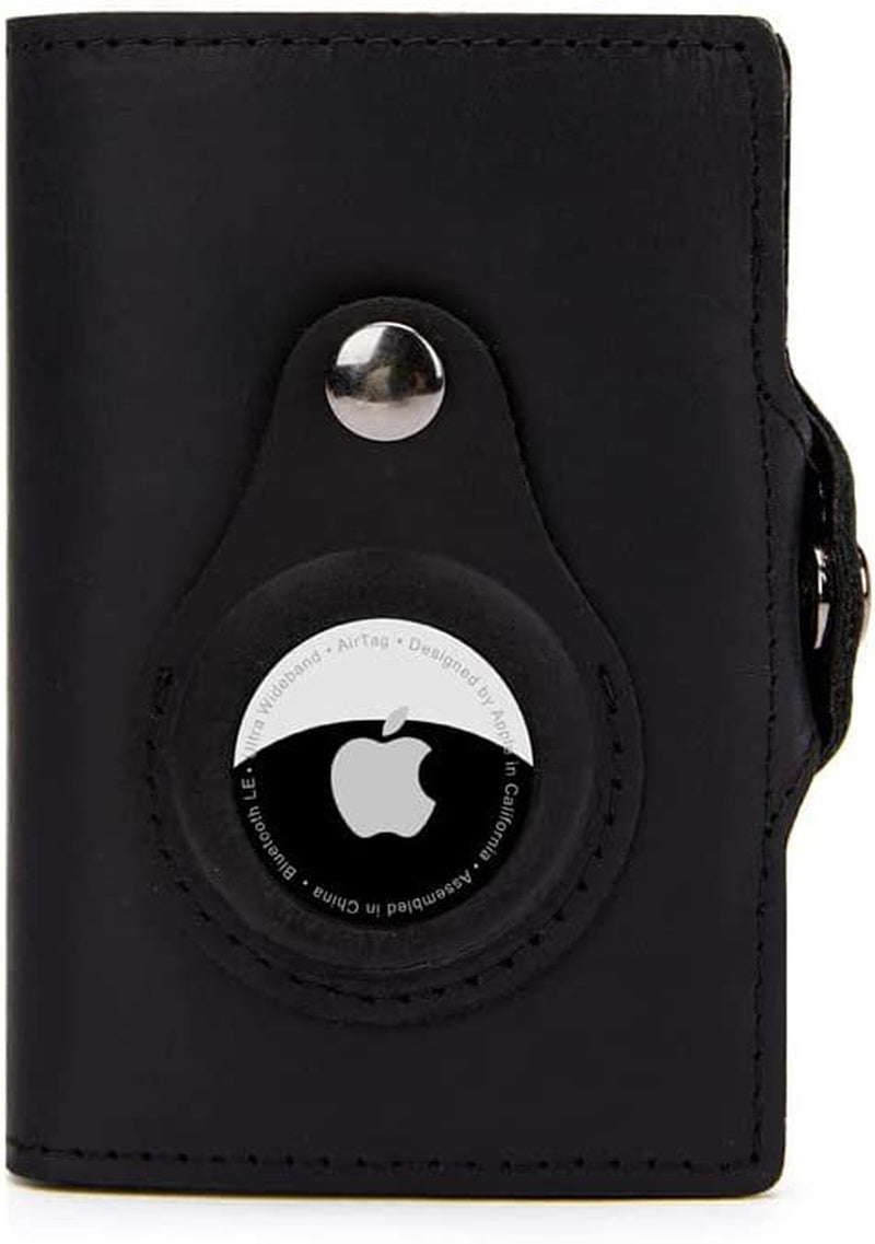 JAT Leather Airtag Men Wallet Genuine Crazy Horse Leather Automatic Pop up Wallet with Airtag Front Pocket (Carbon Fiber)  JAT Snap closure black  