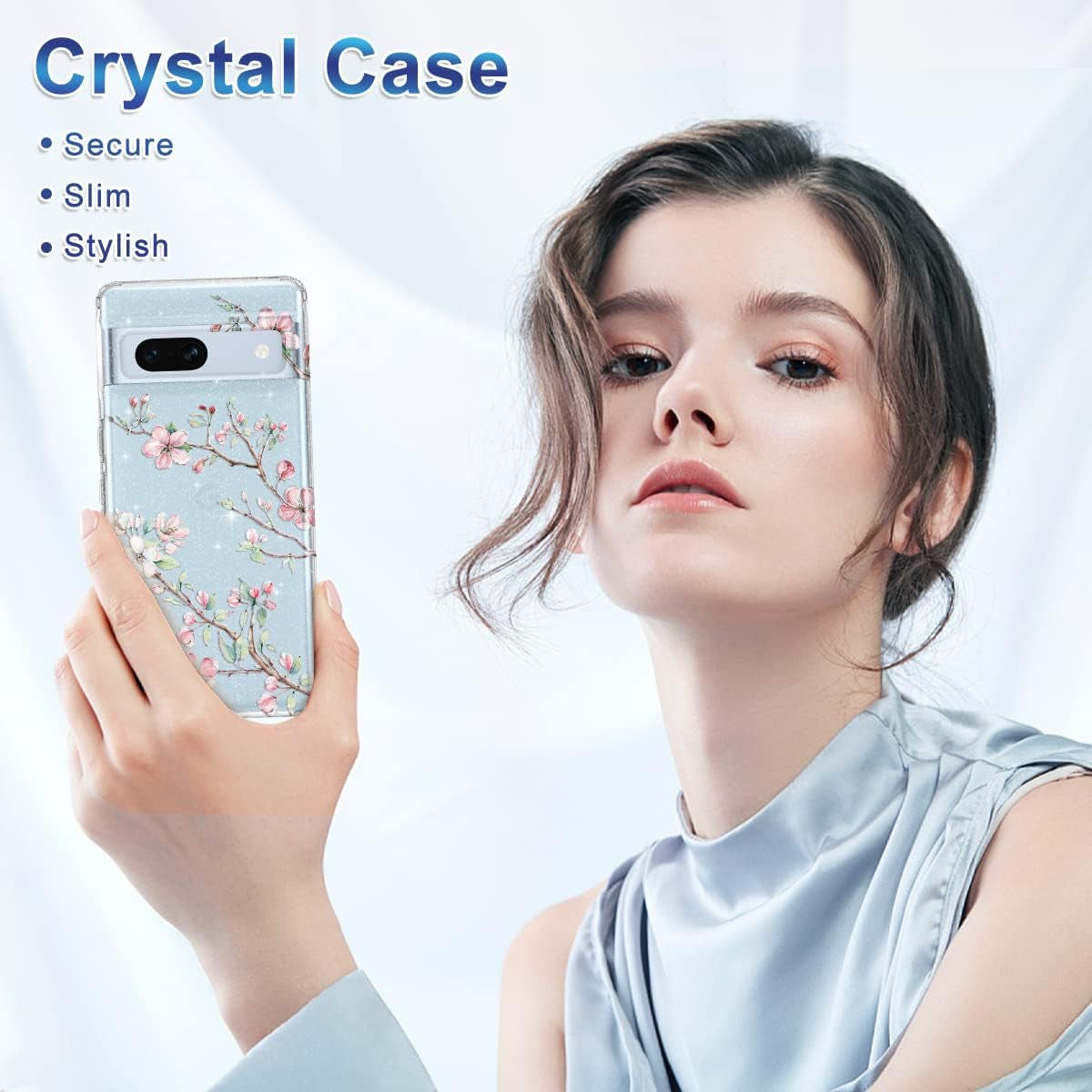 Lamcase Compatible with Google Pixel 7A Case, with 2 Screen Protector + 2 Camera Lens Protector Crystal Bling Sparkly Shiny Soft Flexible TPU Slim Drop Protection for Women Girls, Apricot Flower  Lamcase   