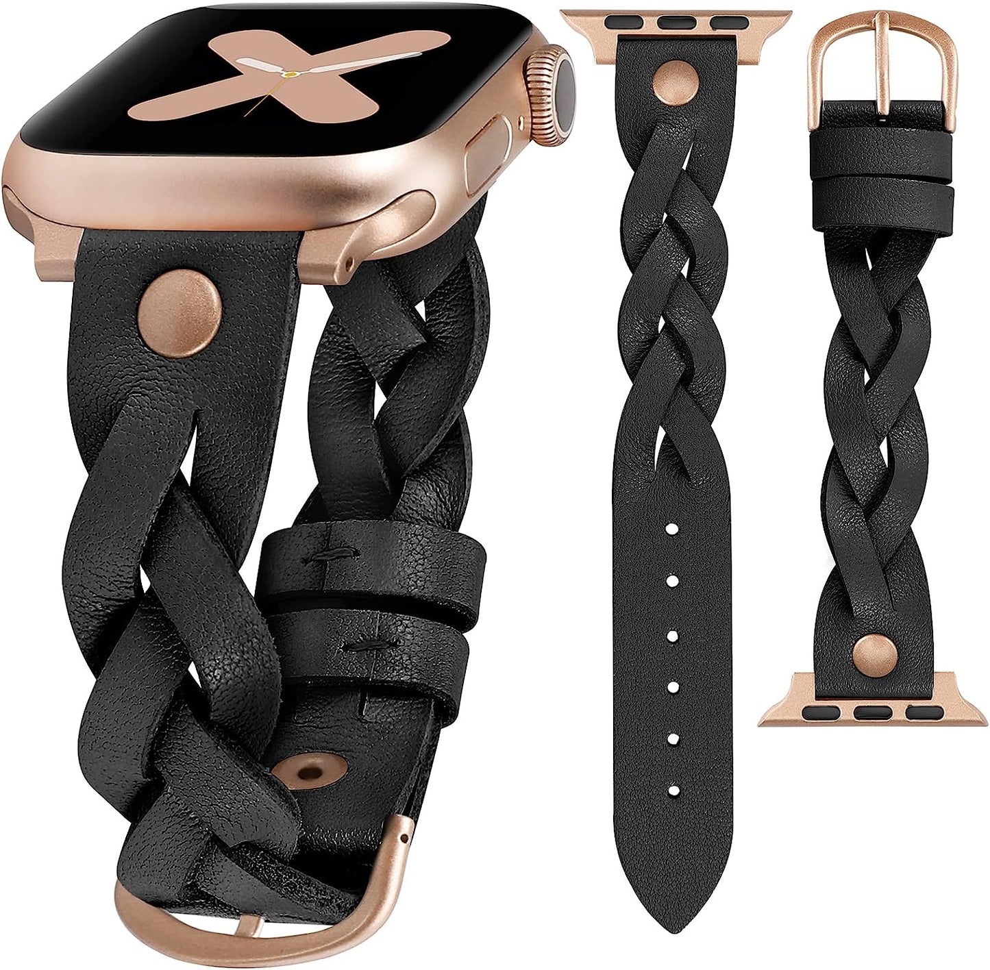 Moolia Braided Leather Strap Compatible with Apple Watch Band 38Mm 40Mm 41Mm 42Mm 44Mm 45Mm 49Mm Women Vintage Thin Replacement Strap Bracelet for Iwatch Series 8/7/6/5/4/3/2/1/SE  Moolia Black/Gold(Match Series 3/4/5/6/7/8) 38/40/41 mm 