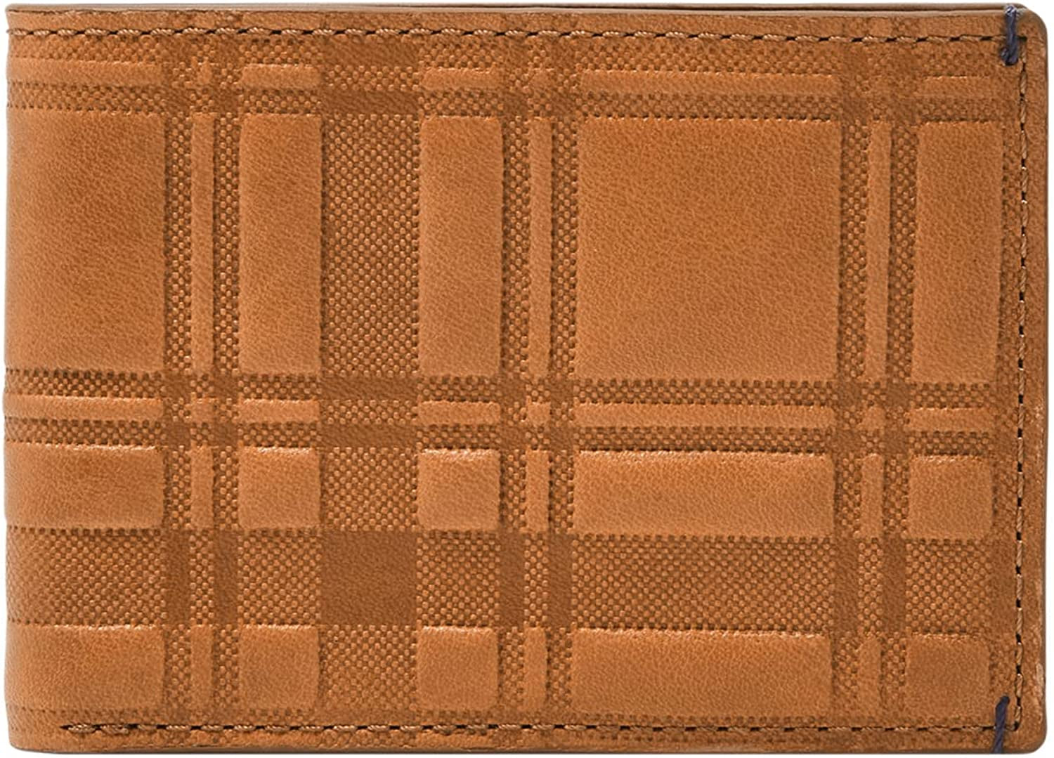 Fossil Men'S Leather Slim Minimalist Bifold Front Pocket Wallet  Fossil Bronson Camel Plaid Emboss  