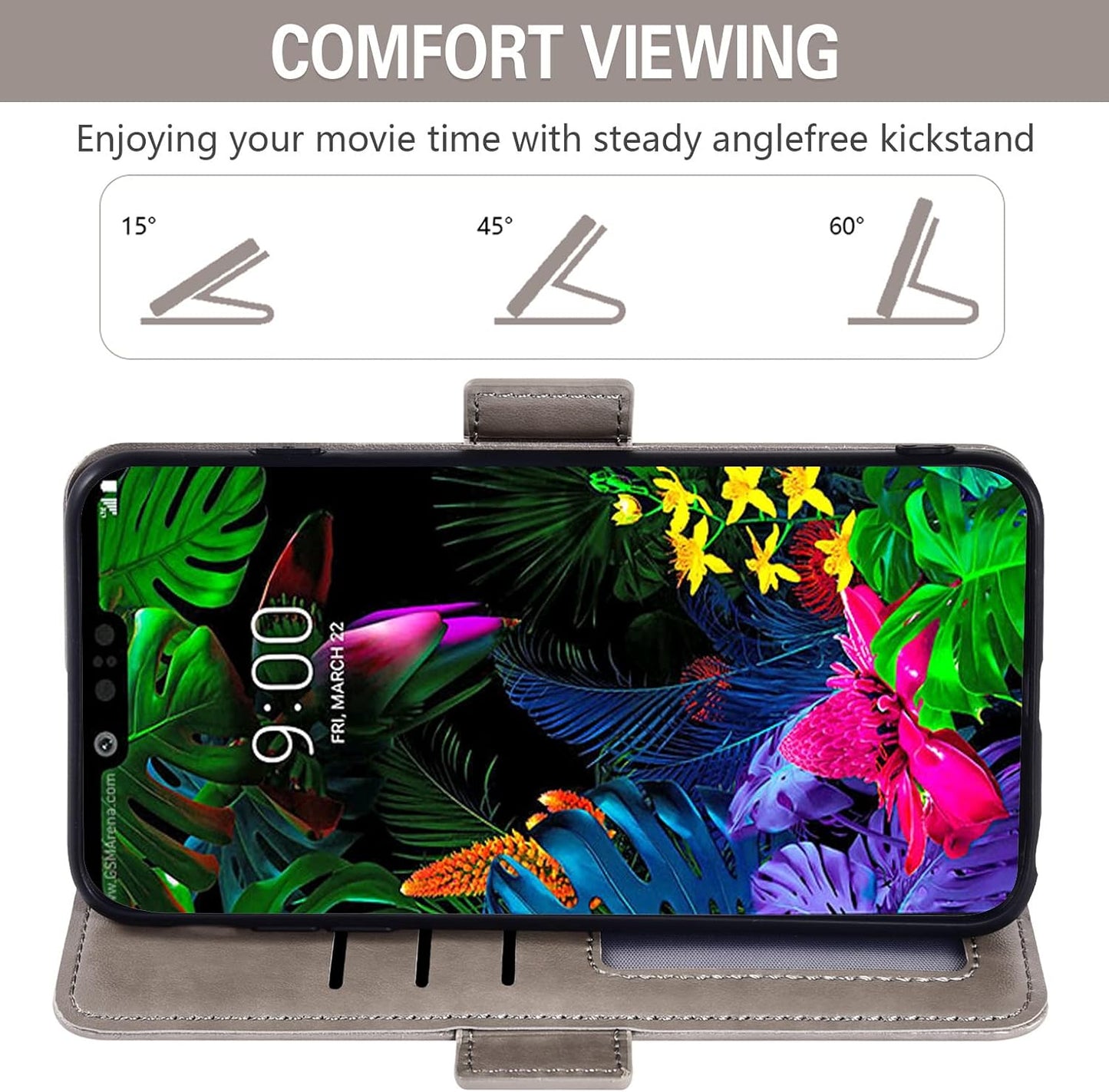 Asuwish Compatible with LG G8 Thinq Wallet Case and Tempered Glass Screen Protector Credit Card Holder Flip Wrist Strap Stand Cell Phone Cover for LGG8 Thin Q G 8 LG8 G8Thinq Lgg8Thinq 8G Women Grey  Asuwish   