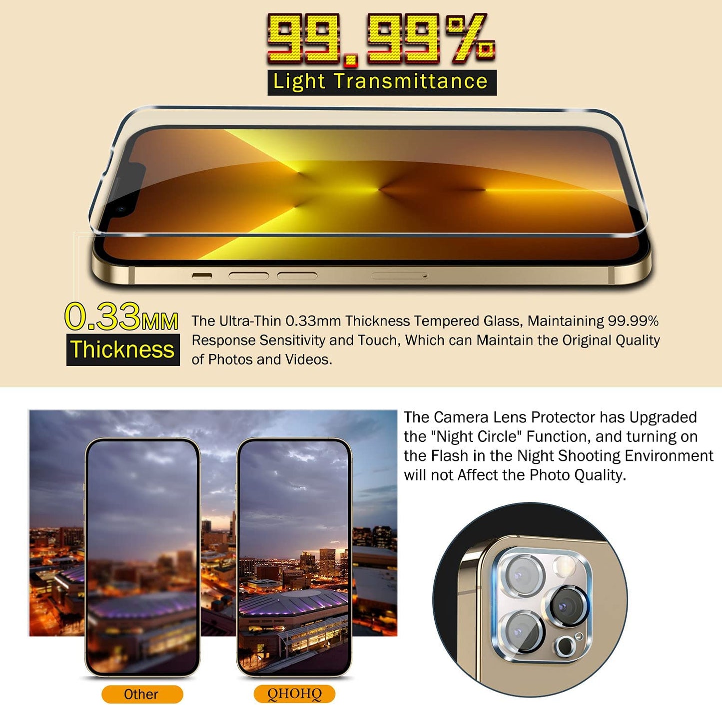 QHOHQ 3 Pack Screen Protector for Iphone 13 Pro 6.1 Inch with 3 Pack Tempered Glass Camera Lens Protector, Ultra HD, 9H Hardness, Scratch Resistant - Case Friendly [Not Fit Iphone 13 Pro Max 6.7"]  QHOHQ   