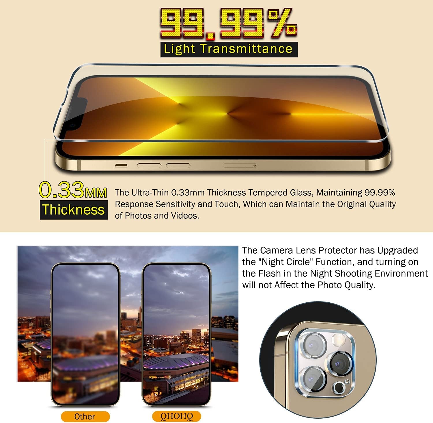 QHOHQ 3 Pack Screen Protector for Iphone 13 Pro 6.1 Inch with 3 Pack Tempered Glass Camera Lens Protector, Ultra HD, 9H Hardness, Scratch Resistant - Case Friendly [Not Fit Iphone 13 Pro Max 6.7"]  QHOHQ   