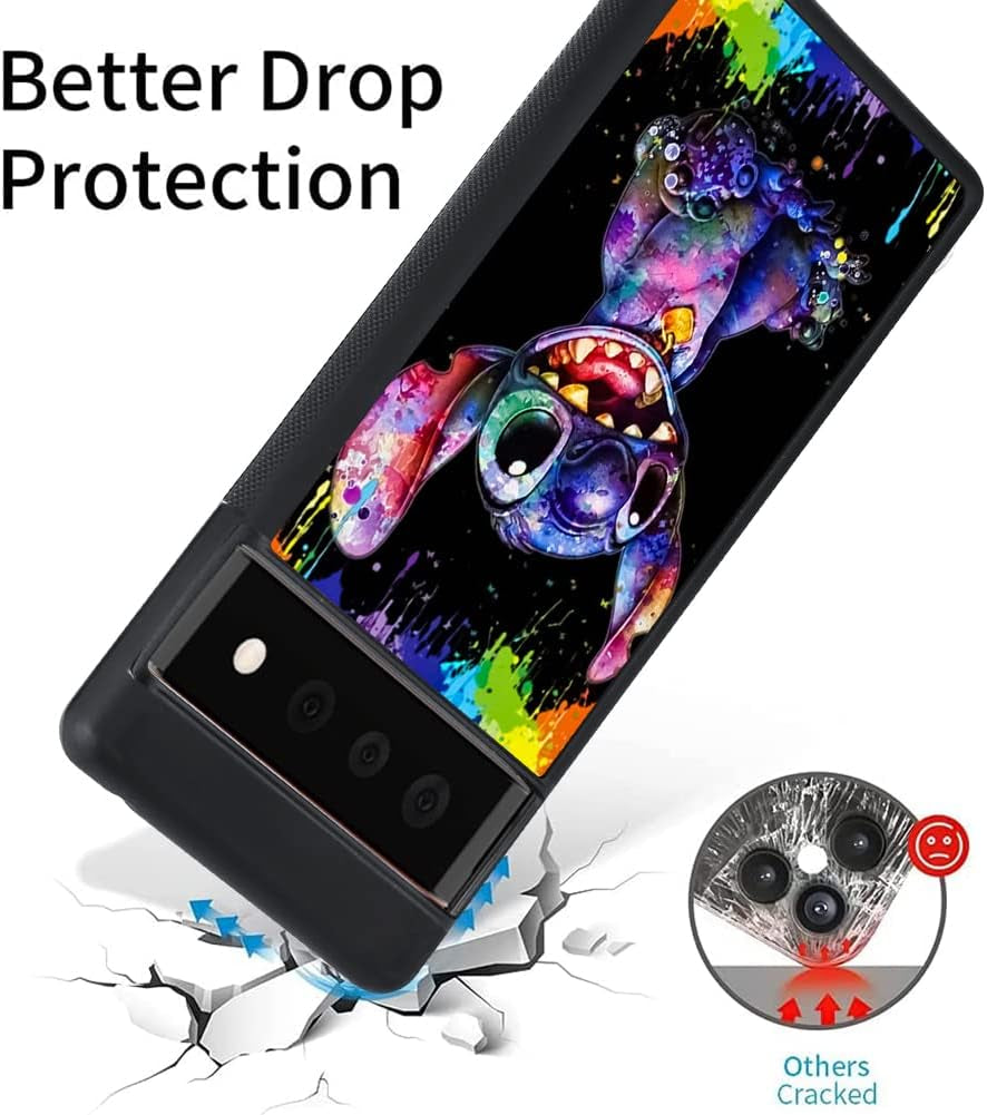 Cartoon Case for Google Pixel 6 Pro Case Cute Stitch Cartoon Character Pattern Tire Anti-Slip Anti-Scratch Design TPU +PC Shockproof Protection Bumper Black Cover for Google Pixel 6 Pro (2021)  cuwana   
