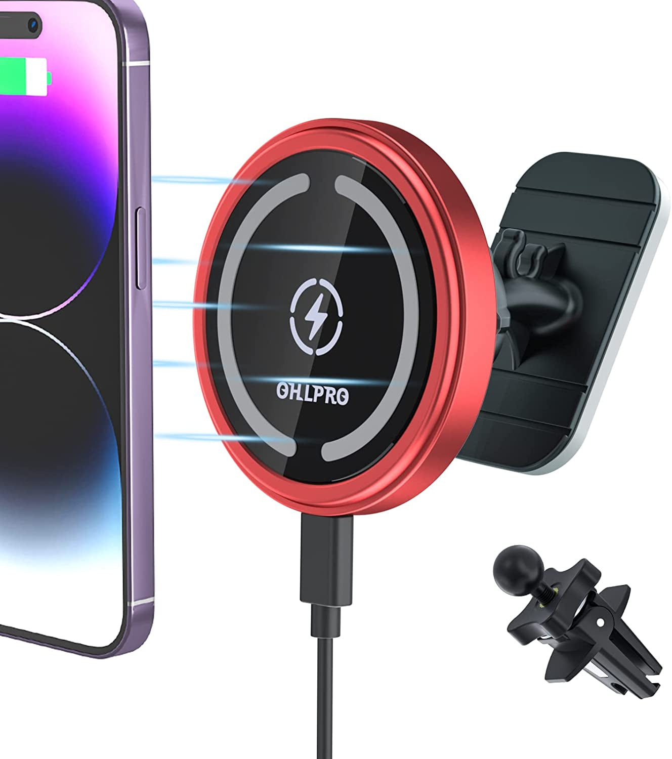 Magnetic Wireless Car Charger Mount, Stick on the Dashboard for Magsafe Iphone 14/14 Pro/14 Max/13/13 Pro/13 Pro Max/ 12/12Pro/Mini, Fast Charging Auto-Alignment Air Vent Phone Holder (Dark Grey)  OHLPRO Orange Red  