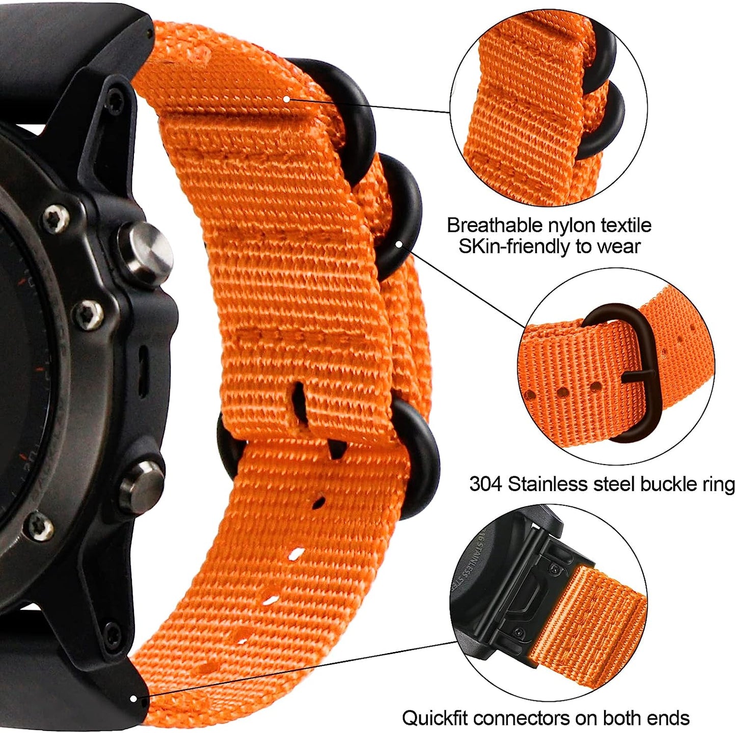 Zeit Diktator Watch Band for Garmin Fenix 7/Fenix 5/5 Plus/Fenix 6/6 Pro/Descent G1/Instinct/Forerunner 935 945/955/S60/S62/Epix，22Mm Nylon Quickfit Watch Strap for Men(Orange,22Mm)  Zeit Diktator   
