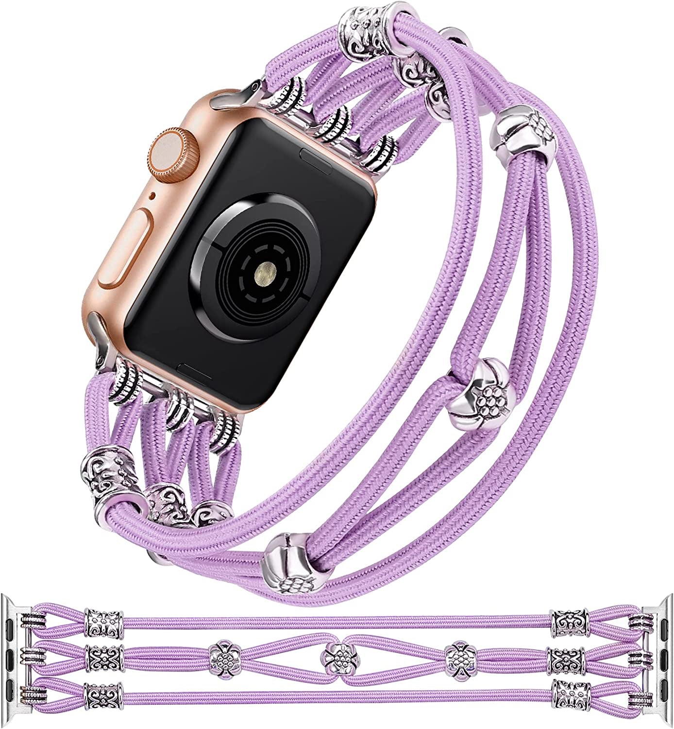 TOYOUTHS Beaded Bracelet Compatible with Apple Watch Band 38Mm 40Mm 41Mm Women, Premium Braided Nylon Elastic Stretchy Boho Cute Fancy Charms Solo Loop Strap for Iwatch Series 8/SE/7/6/5/4/3/2/1, M  TOYOUTHS Purple 38mm/40mm/41mm XS 